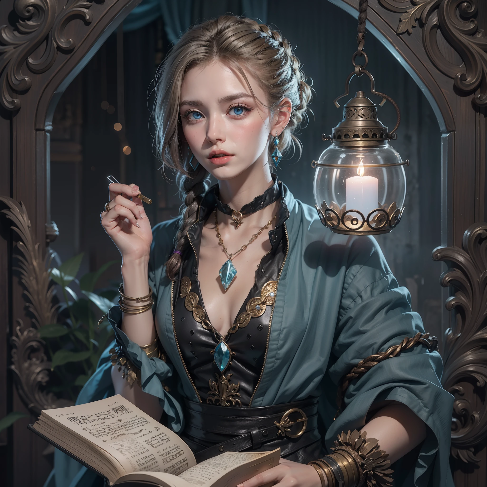 masterpiece, best quality, ultra-detailed, Female sorceress, Ice-blue eyes, A faint smile on the mouth, dark hair, Glass earrings in the ears, She holds Leather bound an old magic book in her right hand, A small hanging lantern hangs from his left hand, Sober and modest grey dress, black braided sandals, She drapes a ink black damaged cloak over her shoulders,