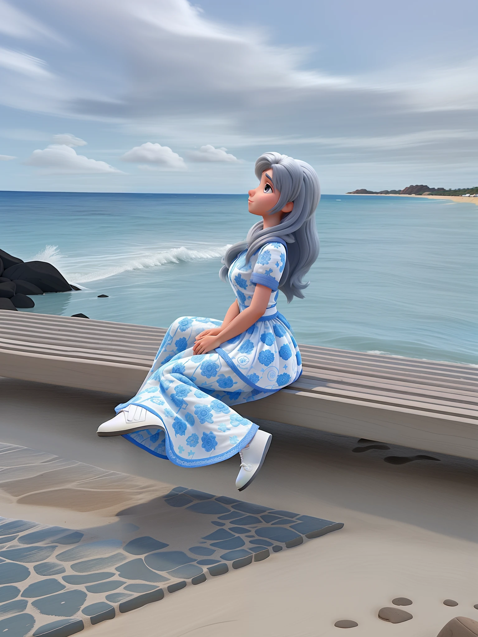 Mulher estilo pixar com cabelo branco na praia, alta qualidade , melhor qualidade