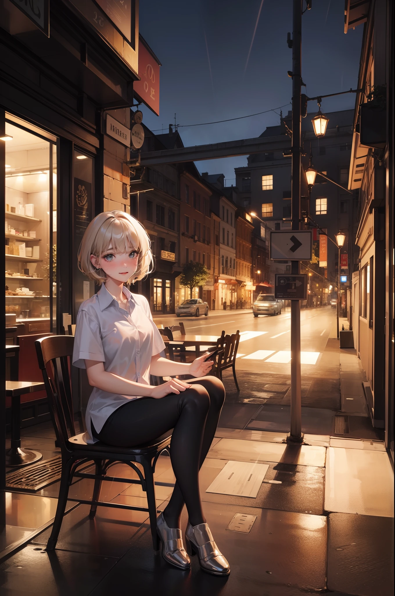 (8k, Best Quality, 巨作: 1.2), (Realistic, Realistic Photos: 1.37), A highly detailed, 1girll, cute, soio, beautiful detailed sky, detailed cafe, night, sitting, history, ( nose blush), (smile: 1.15), (Mouth closure) small breasts, beautiful details, (collared shirt: 1.1), night, moist, work clothes, Rain, white lace, (short hair hair: 1.2), floating hair NovaFrogStyle,