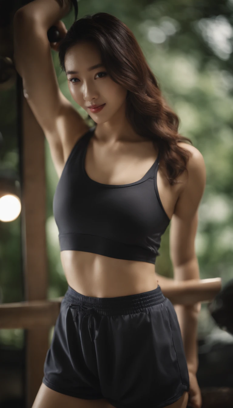 4K high quality, Bedroom, Three-point lighting, cinematic photo shoot, Soft lighting, Realistic lighting, beautiful Korean women，Korean girl with beautiful body, Beautiful face, Wearing gym shorts, T-shirt, Slim body, smiling at camera, Seductive pose, Full body shot