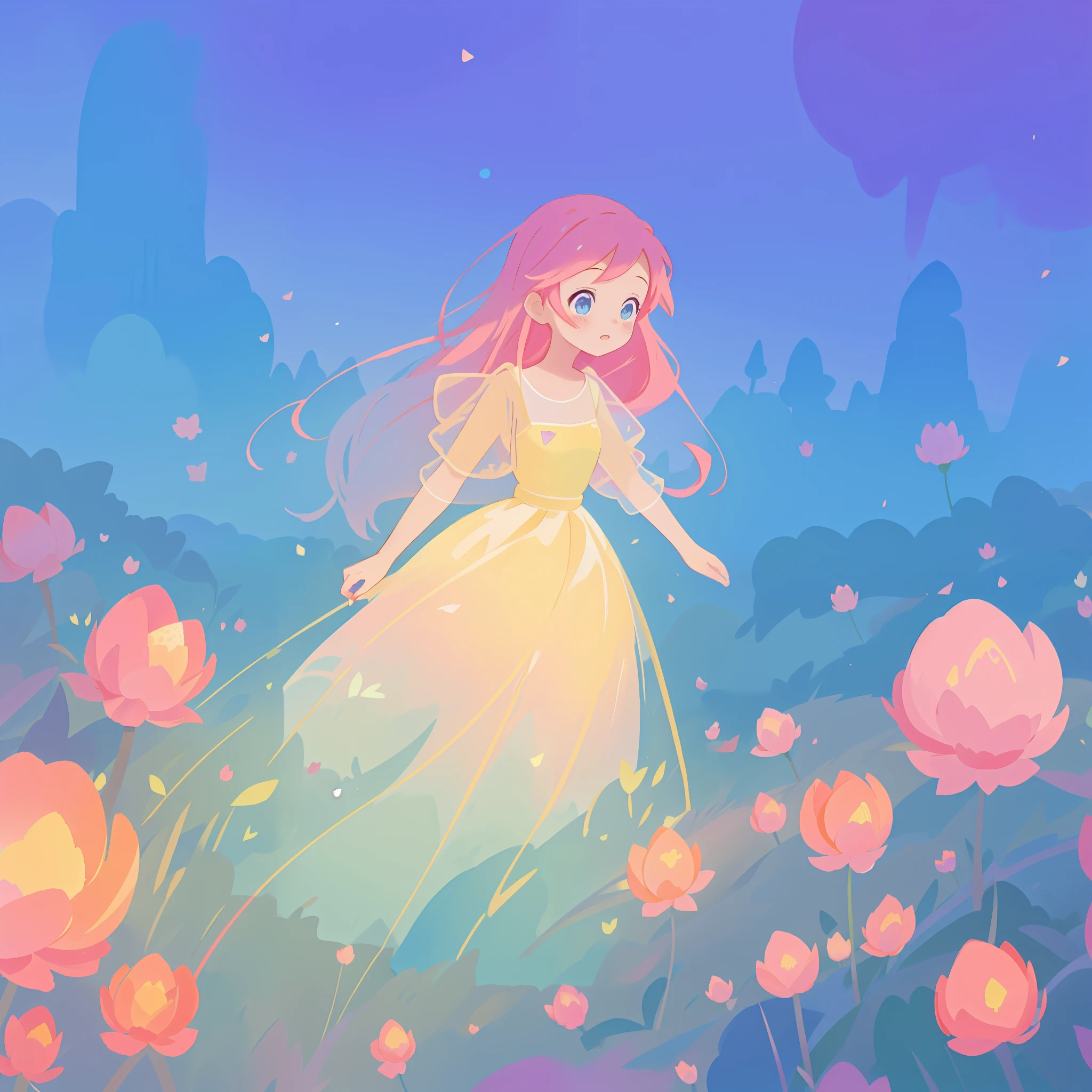 beautiful girl in puffy gradient ballgown, a field with round puffball pink flowers, otherworldly flowers, whimsical landscape, long pink flowing hair, watercolor illustration, inspired by Glen Keane, inspired by Lois van Baarle, disney art style, by Lois van Baarle, by Glen Keane, jen bartel, digital painting, beautiful digital illustration, fantasia otherworldly landscape plants flowers, beautiful, masterpiece, best quality, anime disney style