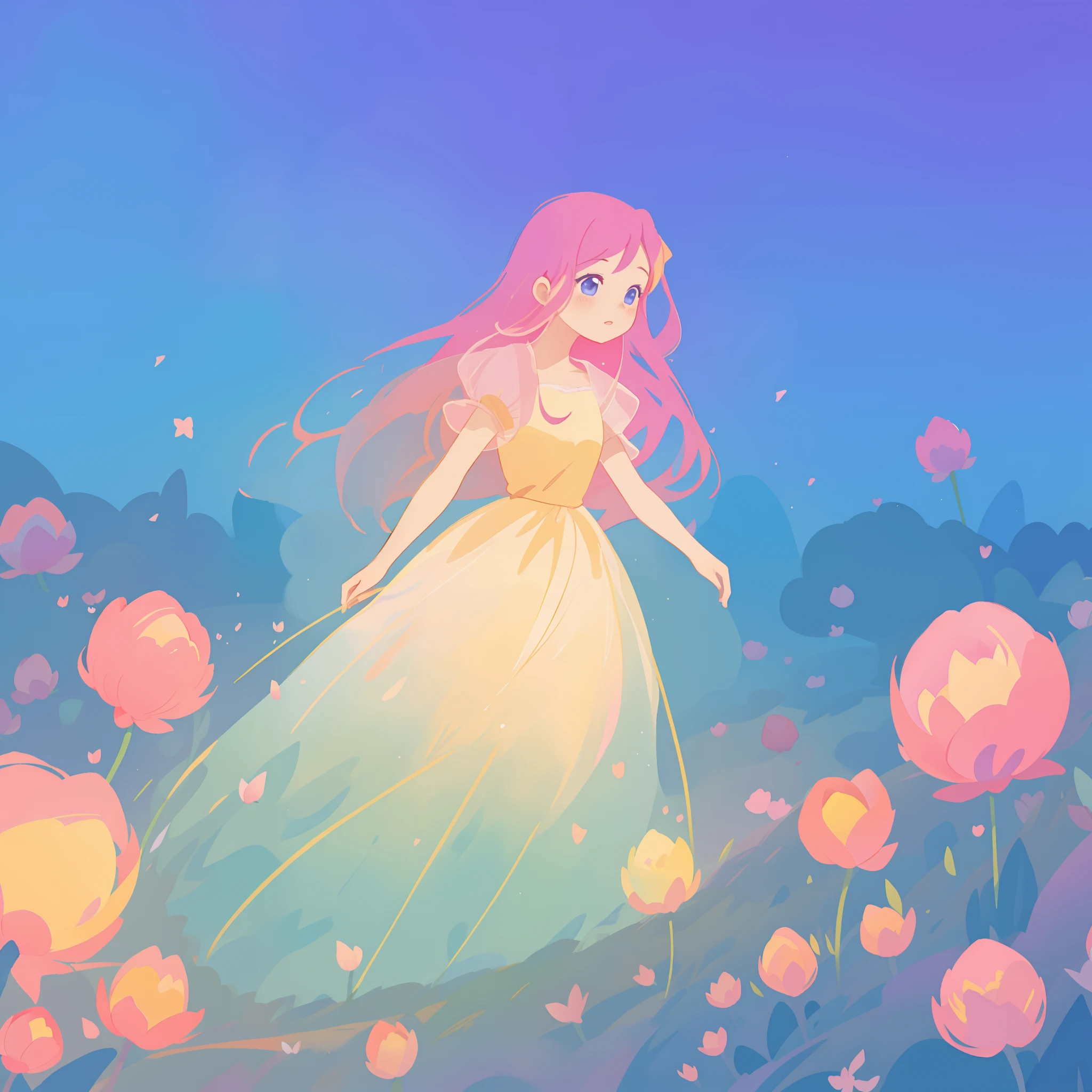 beautiful girl in puffy gradient ballgown, a field with round puffball pink flowers, otherworldly flowers, whimsical landscape, long pink flowing hair, watercolor illustration, inspired by Glen Keane, inspired by Lois van Baarle, disney art style, by Lois van Baarle, by Glen Keane, jen bartel, digital painting, beautiful digital illustration, fantasia otherworldly landscape plants flowers, beautiful, masterpiece, best quality, anime disney style