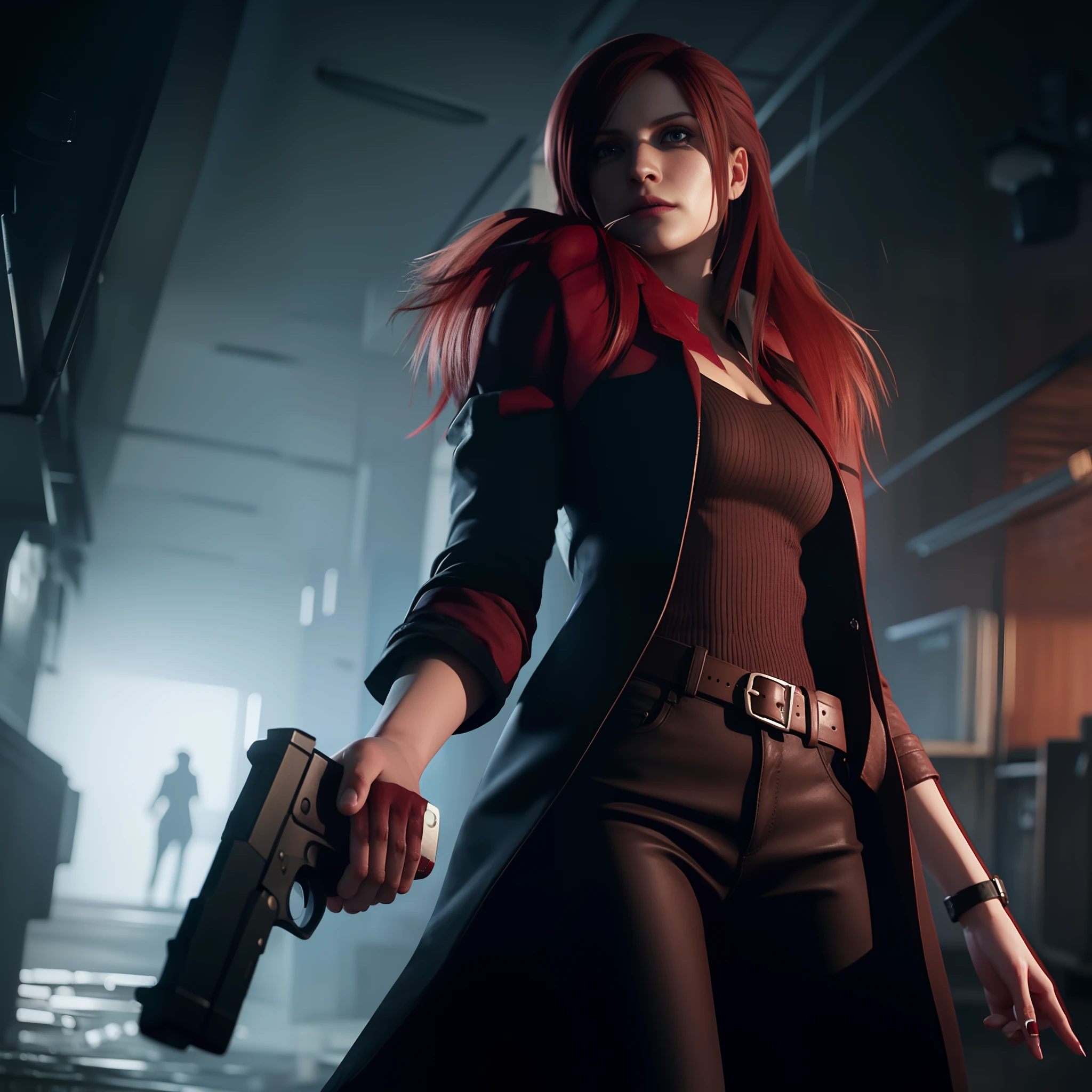 HD, Claire Redfield 40 years old, beautiful face, looking at viewer, very long red hair, perfect Face, black jeans, red long coat with black t-shirt, red nail polish, friendly face, glare, holding a gun