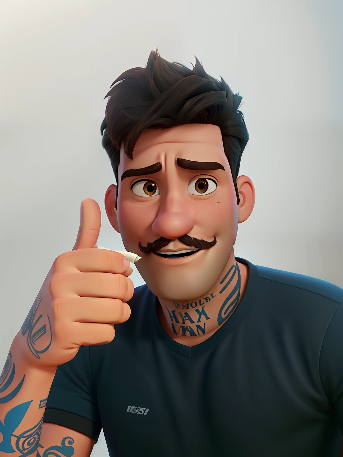 Poster no estilo Disney pixar, alta qualidade, melhor qualidade,  homem moreno, cabelo enrolado, com bigode, tatuagens