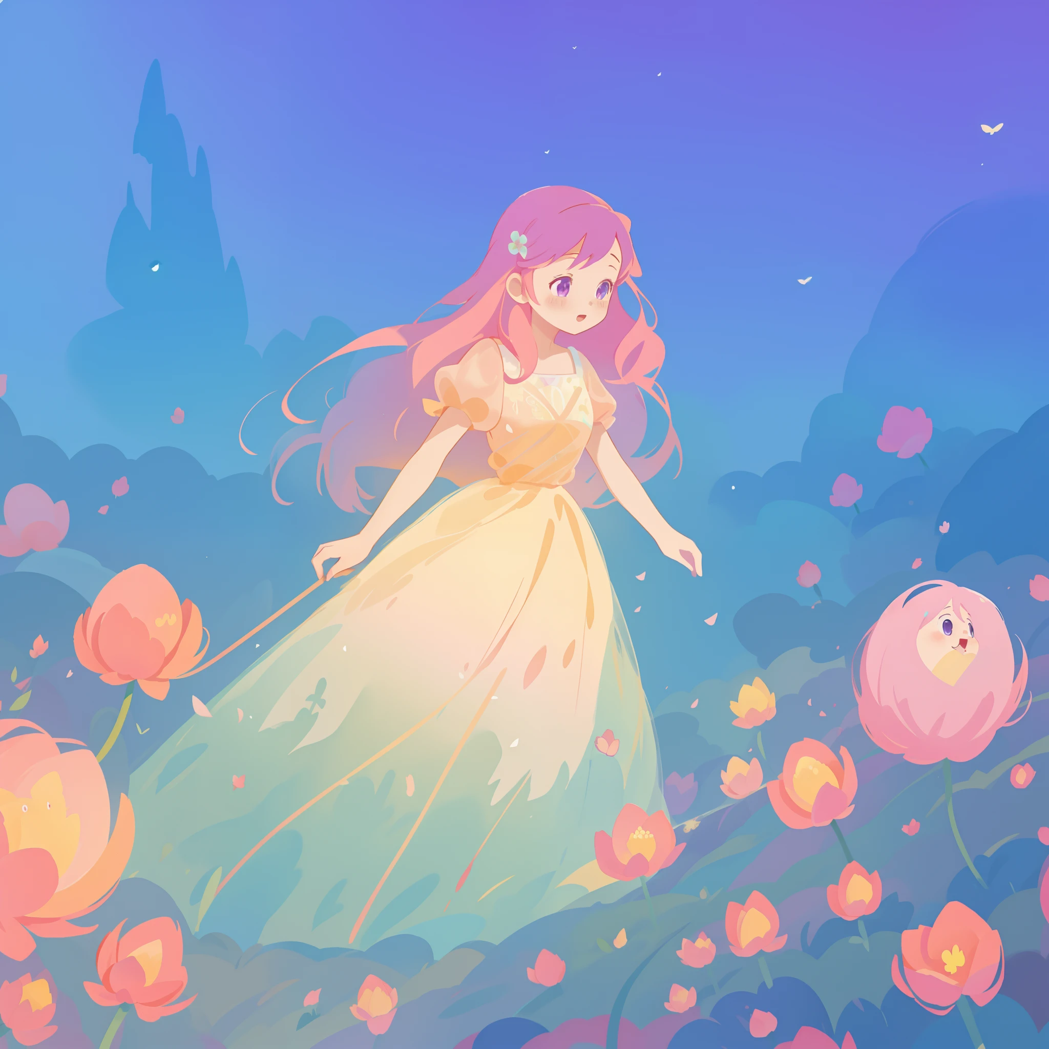beautiful girl in puffy gradient ballgown, a field with round puffball pink flowers, otherworldly flowers, whimsical landscape, long pink flowing hair, watercolor illustration, inspired by Glen Keane, inspired by Lois van Baarle, disney art style, by Lois van Baarle, by Glen Keane, jen bartel, digital painting, beautiful digital illustration, fantasia otherworldly landscape plants flowers, beautiful, masterpiece, best quality, anime disney style