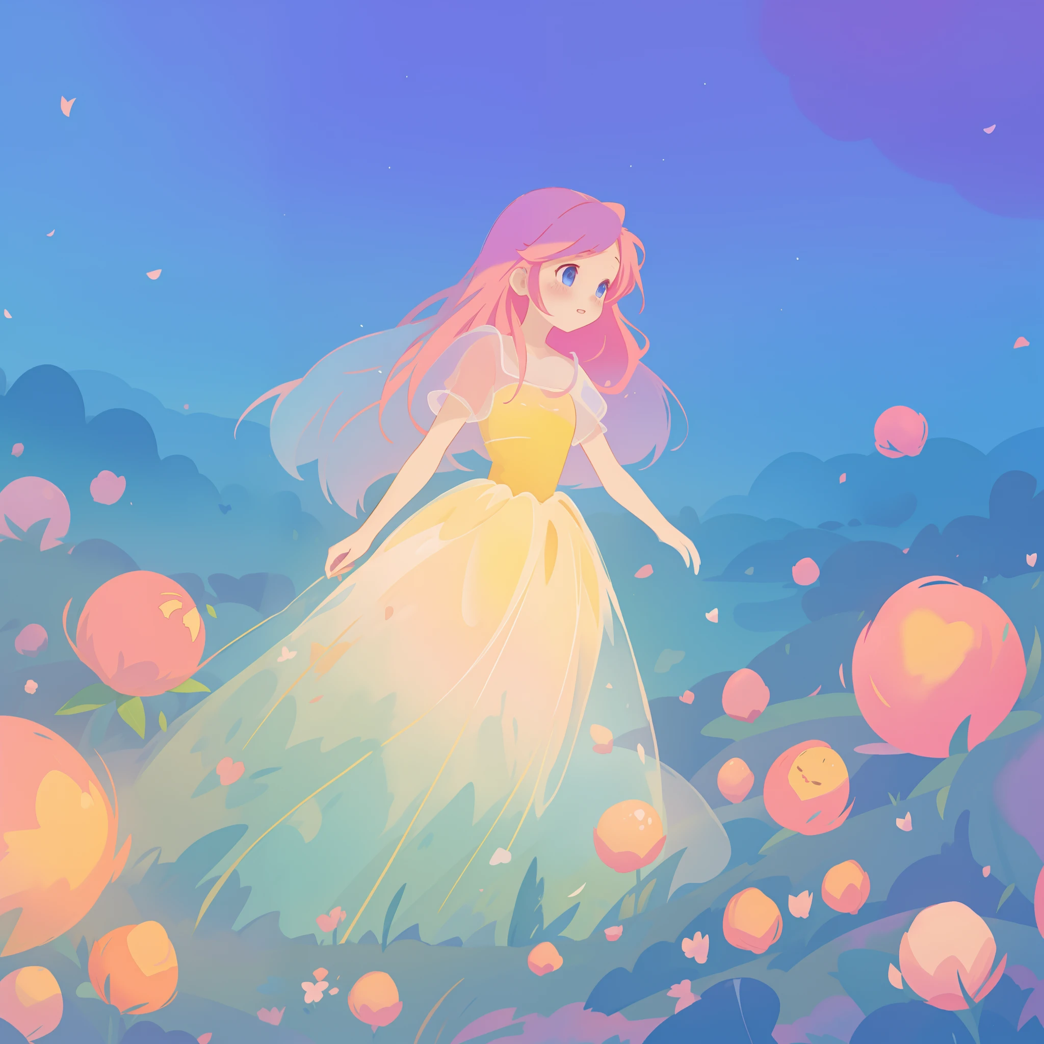 beautiful girl in puffy gradient ballgown, a field with round puffball pink flowers, otherworldly flowers, whimsical landscape, long pink flowing hair, watercolor illustration, inspired by Glen Keane, inspired by Lois van Baarle, disney art style, by Lois van Baarle, by Glen Keane, jen bartel, digital painting, beautiful digital illustration, fantasia otherworldly landscape plants flowers, beautiful, masterpiece, best quality, anime disney style