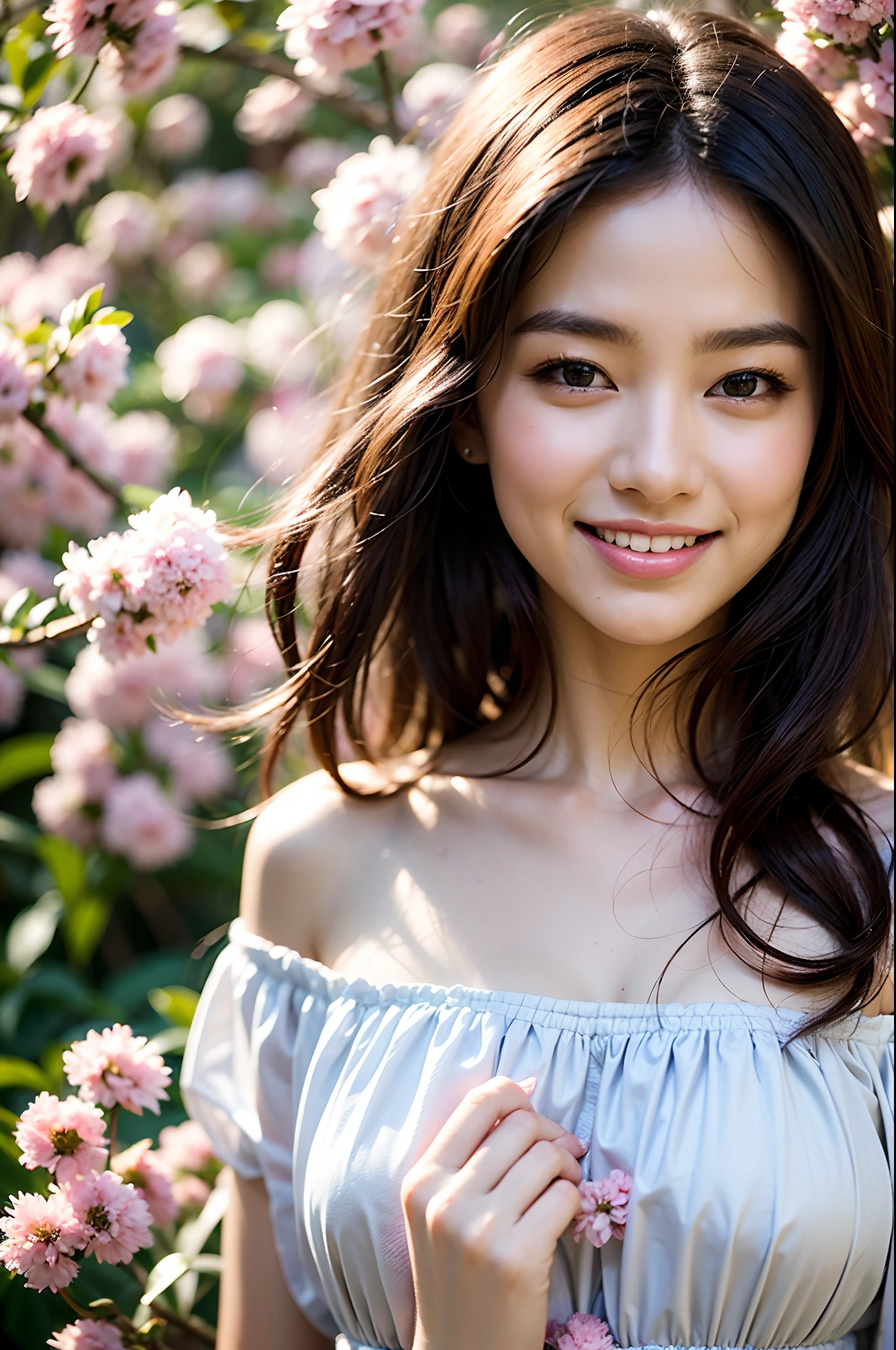 Best Quality, Masterpiece, The ultra-Highres (Photorealistic: 1.4), Raw foto, 1 Girl, White dress, bare shoulder, A field of pink flowers in full bloom, Glowing skin, slightly smile