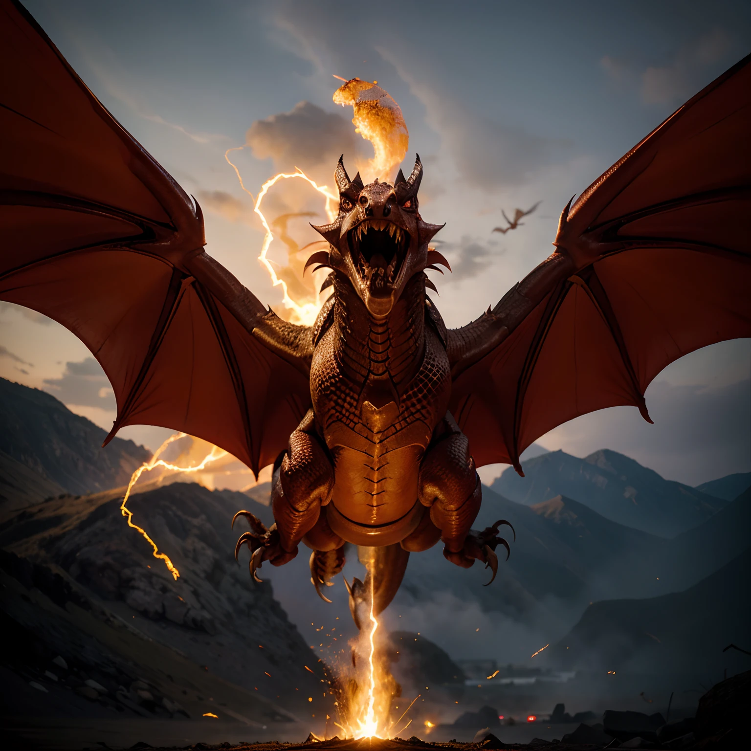 Dragon crachant des flammes vers Ombrine, outstretched wings and open mouth showing sharp fangs. His yellow eyes shoot furious flashes