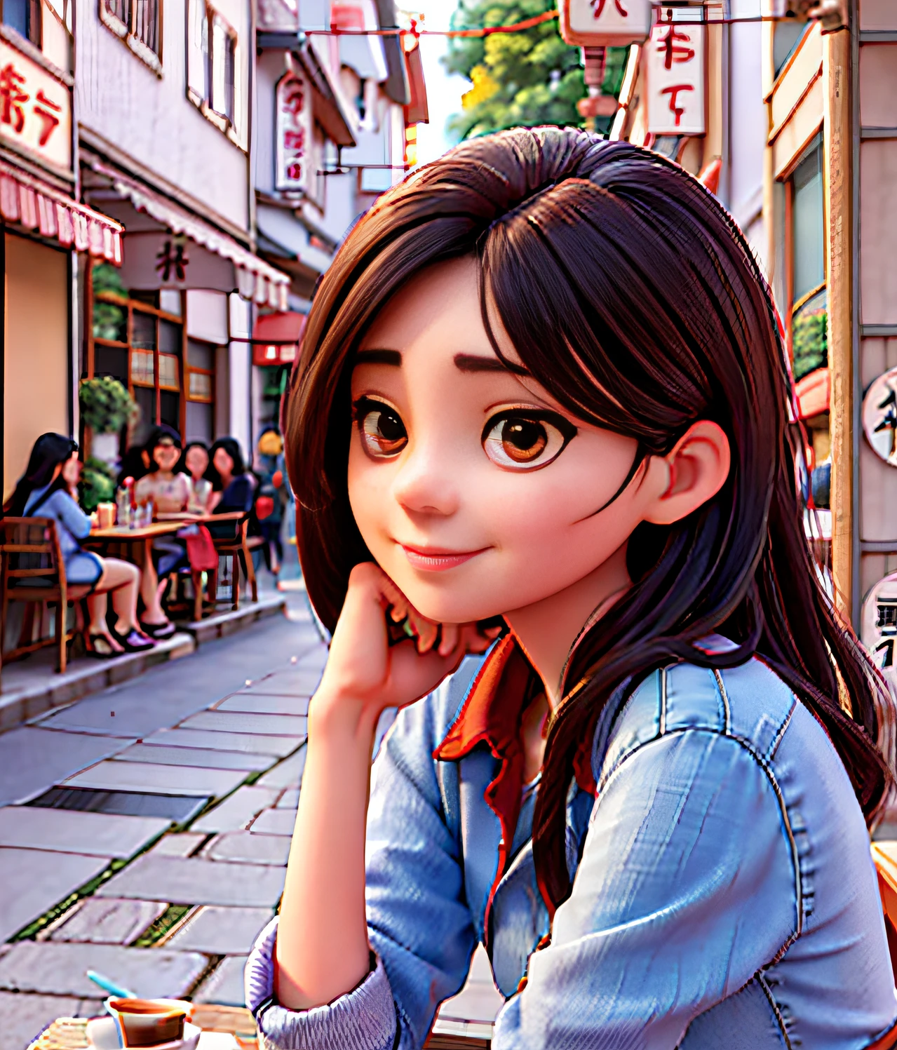 Mulher japonesa de 40 anos, Pretty sitting and drinking coffee outside on the street side in a small café, beautiful face, Long black hair halfway down back with dark eyes and eyeliner. Wearing jeans and a red blouse, grande estilo de moda, looking at you with loving eyes and a soft smile, Background is a sewing studio, light cinematic, luz suave