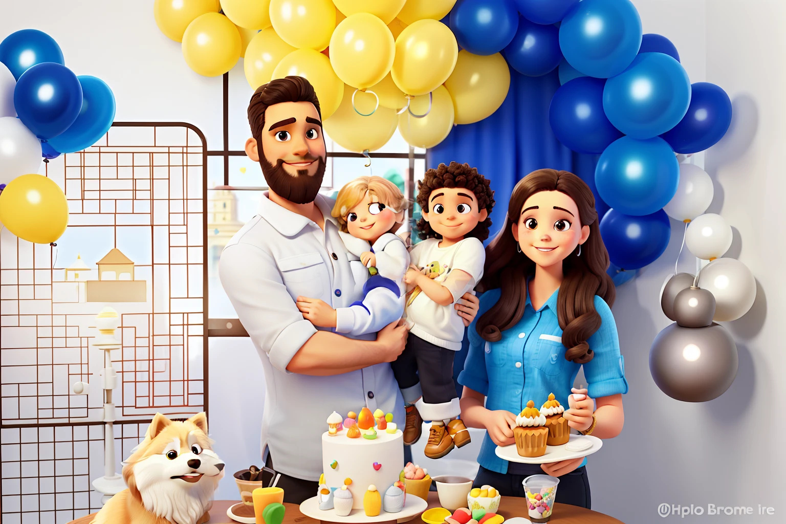 Uma familia composta lor um homem branco sorrindo de cabelos escuros com topete, Beard and dark eyes holding a Pomeranian dog Happy white color Pomeranian white woman next to a white woman with brown hair with caramel lights brown eyes full lips holding her 3 year old son White boy dark curly hair and dark eyes smiling happily all around a table with birthday cake and sweets and in the background a window of the house overlooking the park and the city of São Paulo. paulo brazil