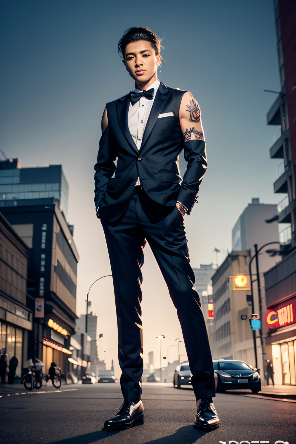 Best Quality, masutepiece, High resolution, artist name, Background of City Superintendent, Starry sky, Tech Metropolis, Night, 1girll, Asians, exaggerated muscles, robust, Full body, (tattoo all:1.2) Perfect face, Black hair, Men's black three-piece suit、Manteau, Black tie, Brown eyes, Sleeveless Dress Shirt, gaze at the audience, Golden tie, reality, Shirt, Solo, wing collar