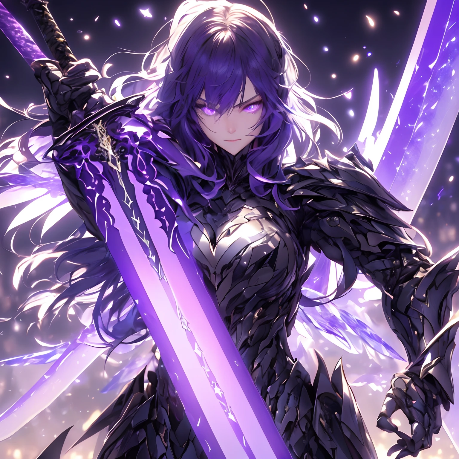 (hailoknight, Solo, 1girl wearing black armor, beautiful violet eyes, long blacke hair,  violet wings, holding giant violet energy sword infront of her, holding sword:1.3), (simple glowing background:1.25)masterpiece, best quality, wide-angle, Hyperdetailed, masterpiece, best quality, 8k, natural lighting, soft lighting, sunlight, HDR (High Dynamic Range), Maximum Clarity And Sharpness, Multi-Layered Textures