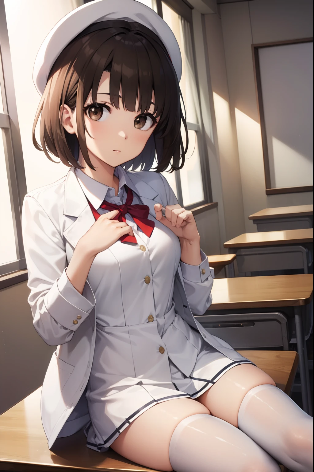 katoumegumi, megumi katou, brown hair, short hair, (brown eyes:1.7), 
BREAK hat, jacket, long sleeves, thighhighs, white headwear, white thighhighs, dress, white dress, (red jacket:1.5), (white hat:1.5), open cardigan, open clothes,
BREAK looking at viewer,
BREAK indoors, classroom,
BREAK (masterpiece:1.2), best quality, high resolution, unity 8k wallpaper, (illustration:0.8), (beautiful detailed eyes:1.6), extremely detailed face, perfect lighting, extremely detailed CG, (perfect hands, perfect anatomy),