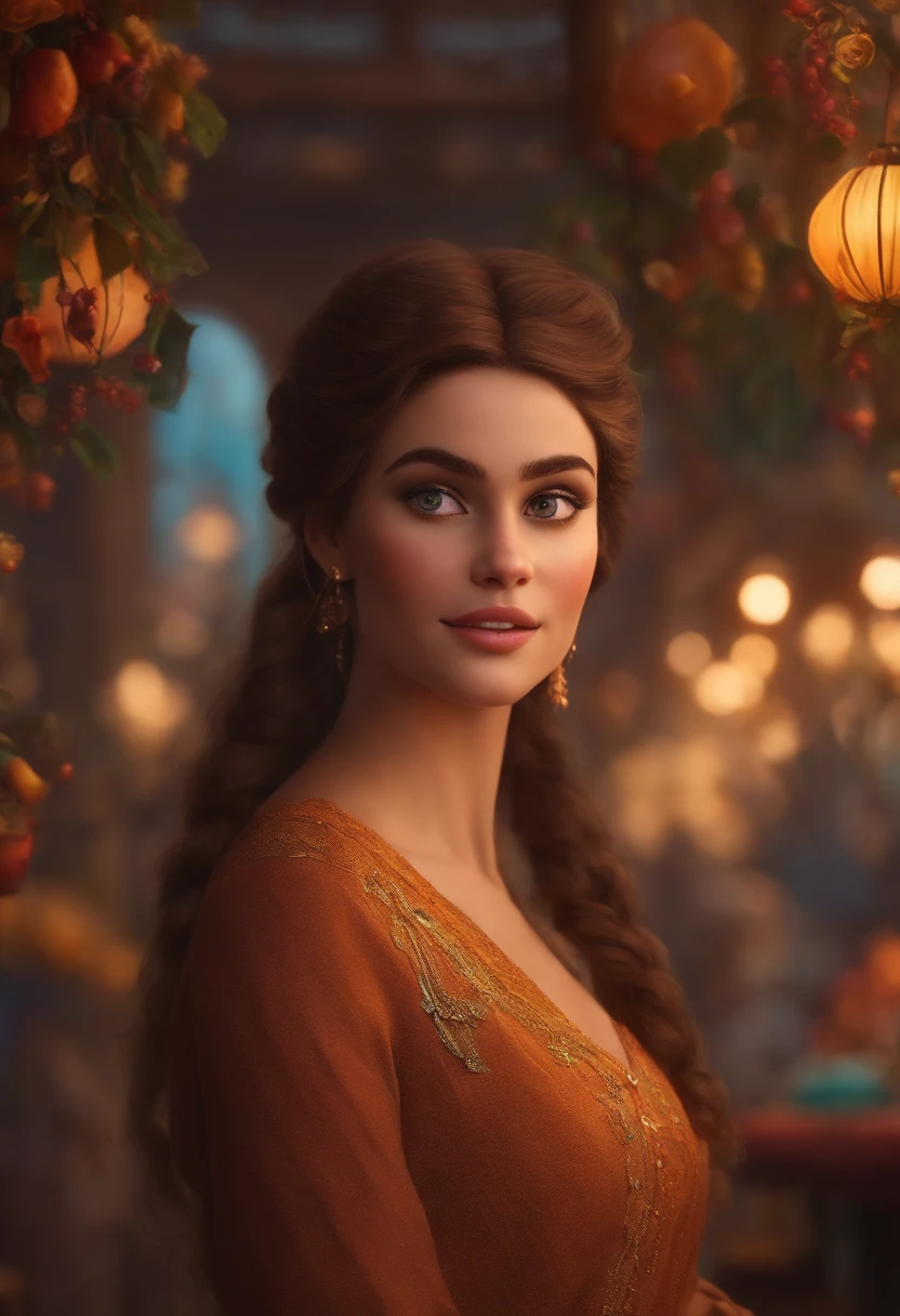 Estilo arte digital pixar disney. Mulher loira natural cabelo liso, olhos castanho, confeiteira, bolos em volta dela.
