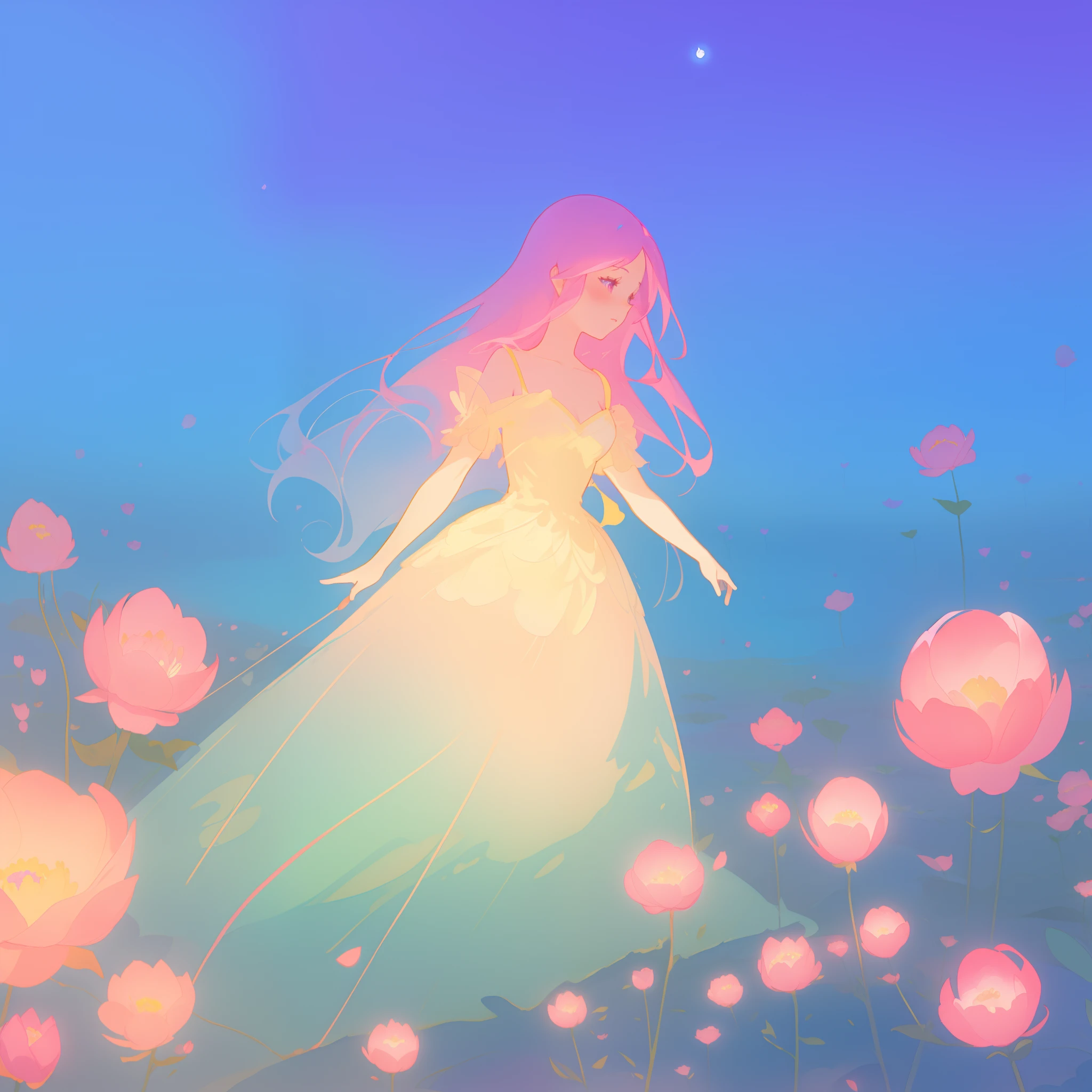 beautiful girl in puffy glowing ballgown, a field with round puffball pink flowers, otherworldly flowers, whimsical landscape, long pink flowing hair, watercolor illustration, inspired by Glen Keane, inspired by Lois van Baarle, disney art style, by Lois van Baarle, by Glen Keane, jen bartel, digital painting, beautiful digital illustration, fantasia otherworldly landscape plants flowers, beautiful, masterpiece, best quality, anime disney style