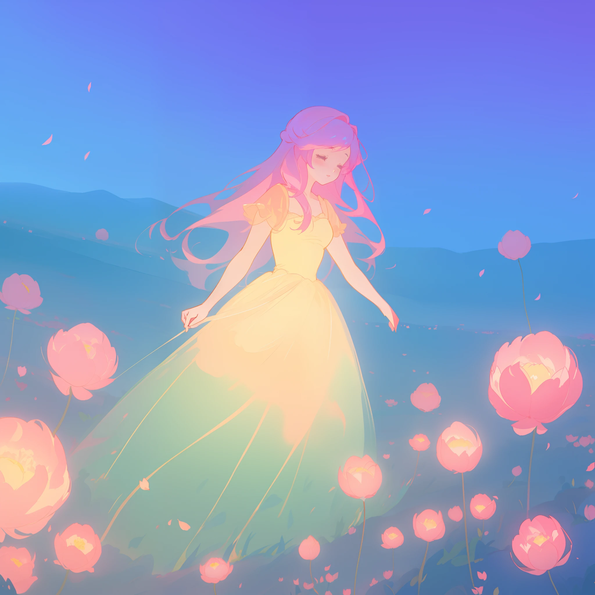 beautiful girl in puffy glowing ballgown, a field with round puffball pink flowers, otherworldly flowers, whimsical landscape, long pink flowing hair, watercolor illustration, inspired by Glen Keane, inspired by Lois van Baarle, disney art style, by Lois van Baarle, by Glen Keane, jen bartel, digital painting, beautiful digital illustration, fantasia otherworldly landscape plants flowers, beautiful, masterpiece, best quality, anime disney style
