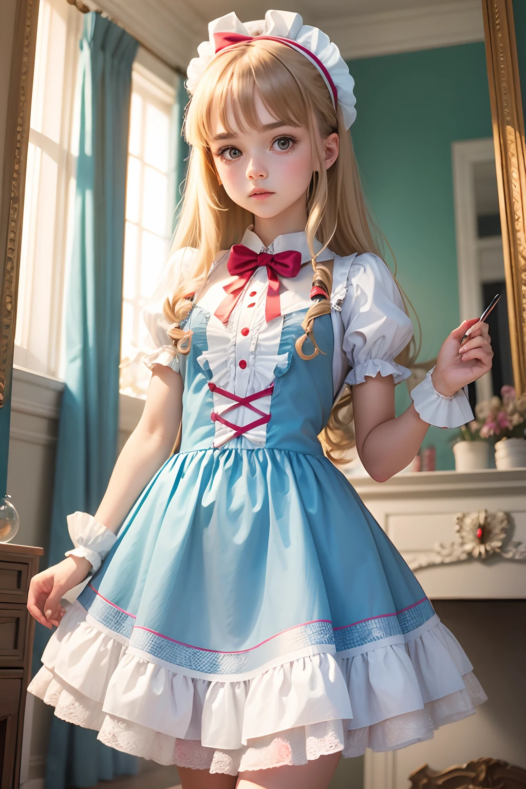 photo of, attractive 18-year-old girl, stylishly dressed in detailed Lolita fashion dress, light pink with white and blue accents, frills, bows, lace, puffy crinoline skirt with long trains and ribbons, braided hair with flowers and ribbons, standing in front of a window overlooking the street, holding a bouquet of pink, blue, and white flowers, tender, romantic and stylish atmosphere, Lolita style details and decorations, soft lighting, shallow depth of field