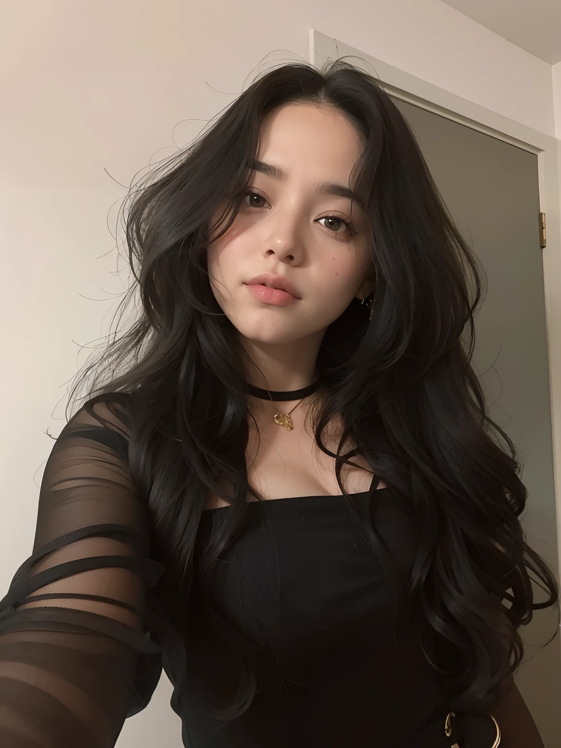 mulher arafed com cabelo preto longo e uma gargantilha, 18 anos, 1 6 anos, cabelos pretos e olhos grandes, Violeta Myers, 1 8 I, imagem de perfil, 19-year-old girl, ela tem cerca de 1 6 anos de idade, com longos cabelos escuros, ela tem cerca de 2 0 anos, ela tem cerca de 20 anos