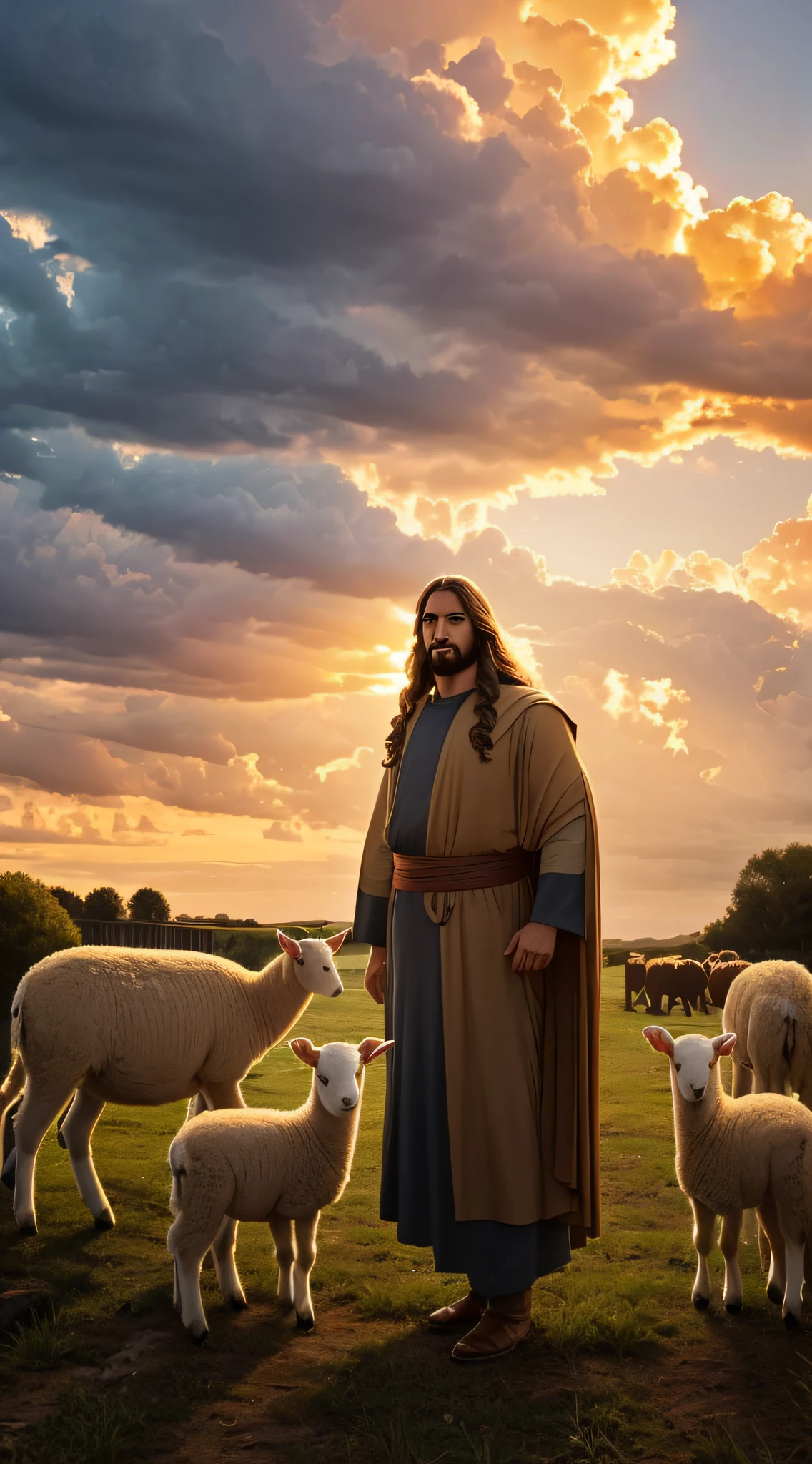 Nearby are a group of lambs and an open Bible at the feet of the long-haired Jesus. In the distance, a golden cross shines in the sky. Full body photo of Jesus, kind face, round face, looking at the camera, colorful sky, golden clouds, thunderstorm, prominent glowing cross, vicissitudes of medieval style, realistic, hyper-realistic, 8K, MARK IV, Canon 5D shot, 25-105mm --auto