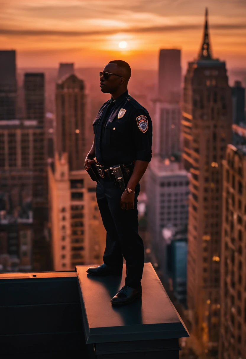 A black gay policeman on top of a building in a spiderman outfit looking at the sunset