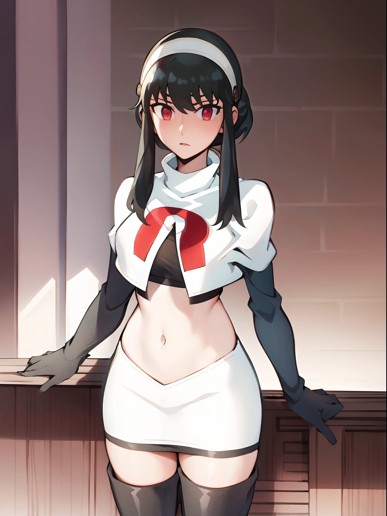 yor, 1girl, black hair, red eyes, black hair, short hair, short hair with long locks, bangs, sidelocks, white hairband,team rocket,team rocket uniform,white skirt,crop top, black thigh-high boots,black elbow gloves,