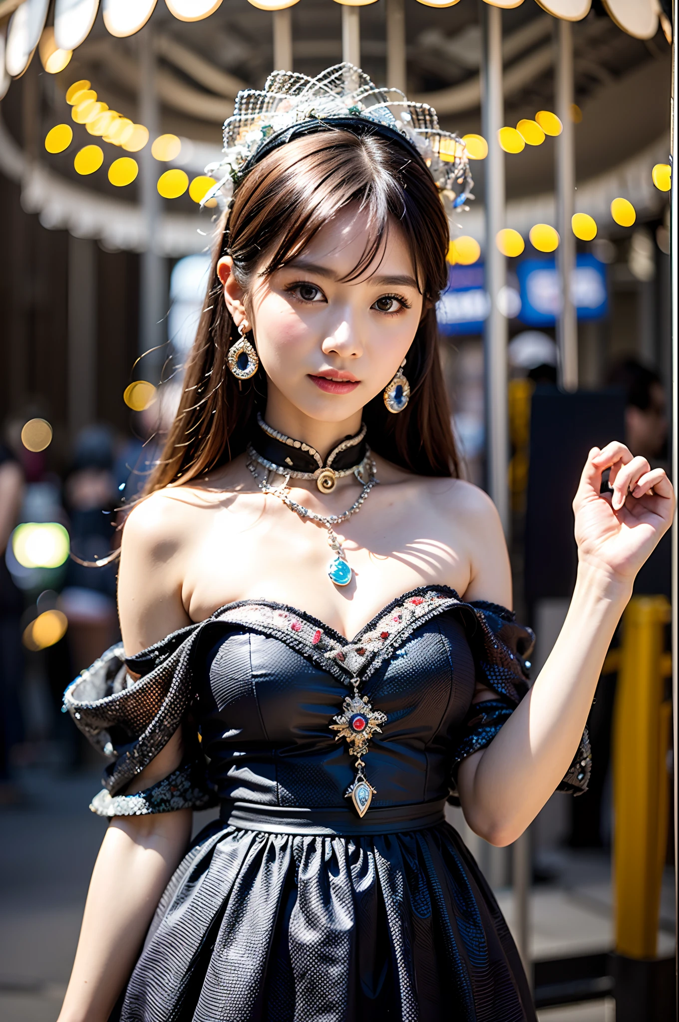 (8K, Raw foto, Best Quality, Masterpiece:1.2), (realisitic, Realistis:1.37) , 1Girl, (carousel, natta), Miao Xiaoji(secret_vehicle), Detailed face, Detailed Eyes, Black dress