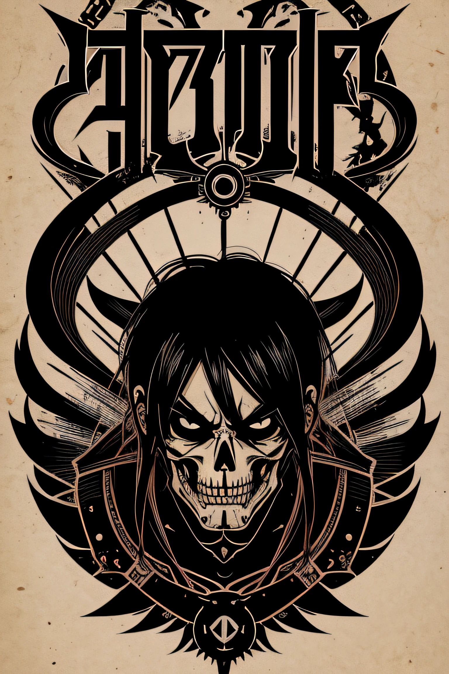 posters, anime style illustration ,skullish, black andwhite