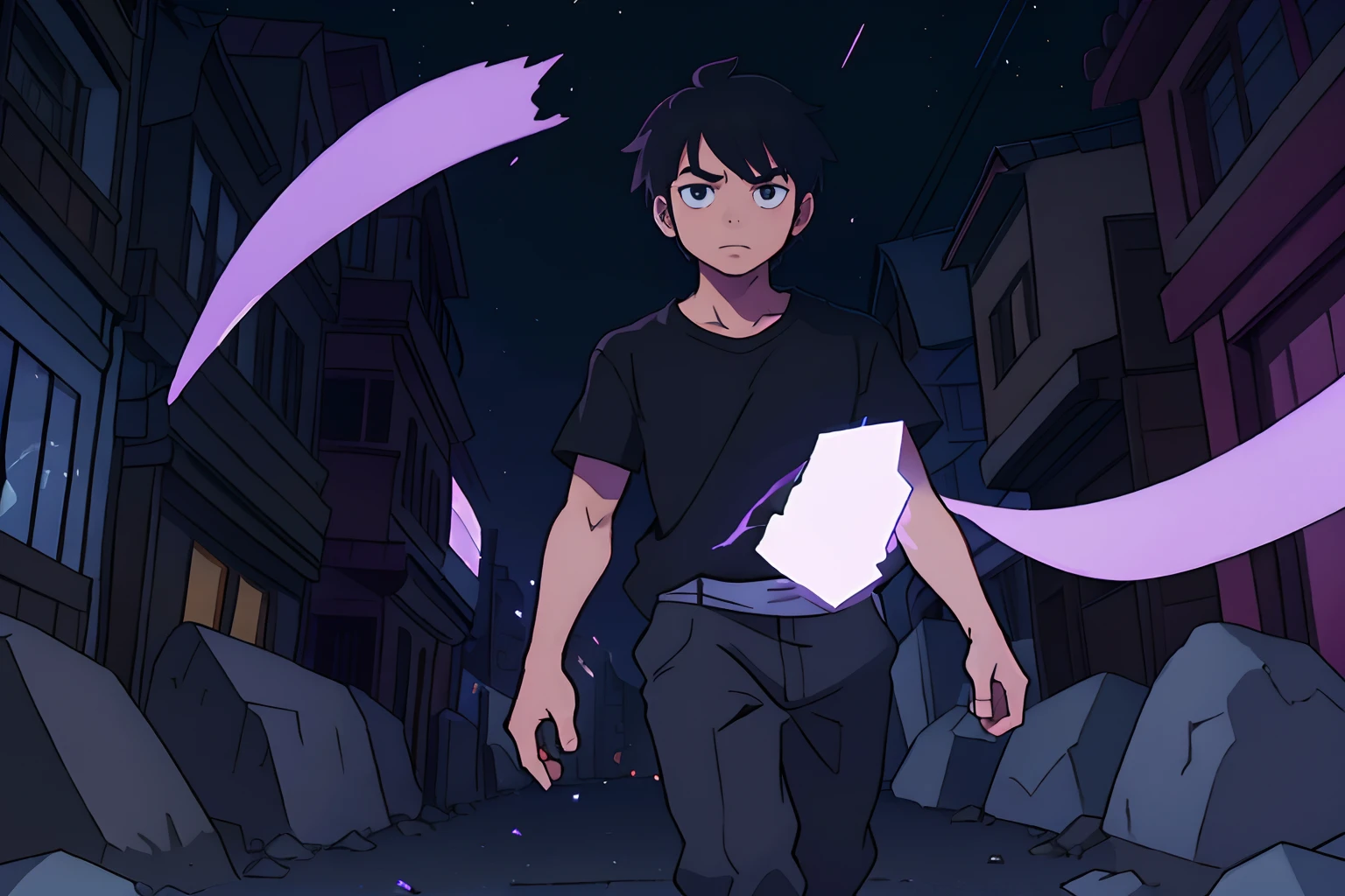 A boy, walking through the streets of a city, with long, straight, black hair, dressed in a black shirt, wearing a white cap, surrounded by a purple aura, with small pieces of rocks rotating around him, portrayed in a highly realistic way , The scene has professional lighting at night