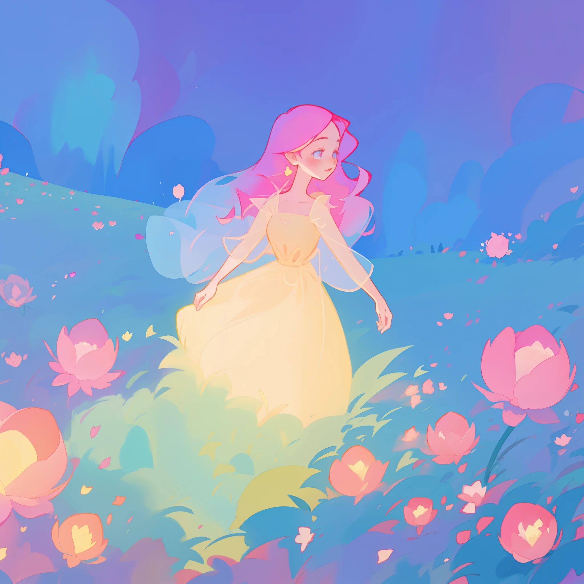 beautiful girl in puffy glowing ballgown, a field with round puffball pink flowers, otherworldly flowers, whimsical landscape, long pink flowing hair, watercolor illustration, inspired by Glen Keane, inspired by Lois van Baarle, disney art style, by Lois van Baarle, by Glen Keane, jen bartel, digital painting, beautiful digital illustration, fantasia otherworldly landscape plants flowers, beautiful, masterpiece, best quality, anime disney style
