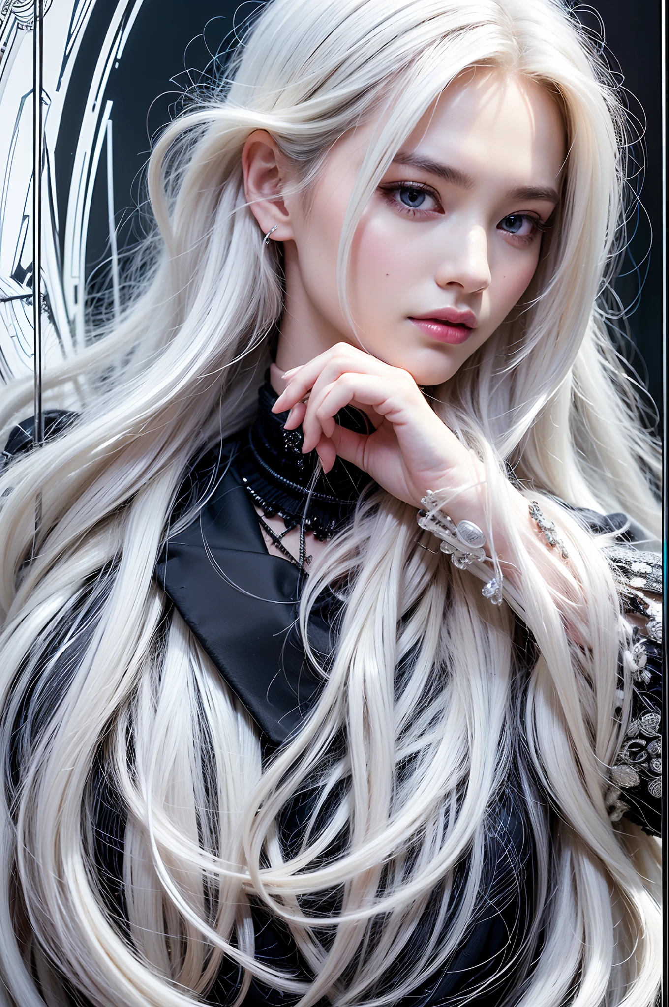 Masterpiece, Highest Quality, approaching perfection, (perfect faces:1.1), (High Detail:1.1), Dramatic, (1guy), pale-skin, (Long, pure white hair:1.4), white eyes, Otto Sepalainen, Solo, Long hair, White Luxury Suit, covered navel, snob, Albino, Luminous Studio Graphics Engine, Pouty Lips, Demon Magician, Volumetric lighting, Detailed Eyes, (8K wallpaper masterpiece), Hyper Detail, intricately detailed, Overwhelmingly perfect pixel, rozen, fashion, Lateral face, looking up at viewer, BalenciagaStyle