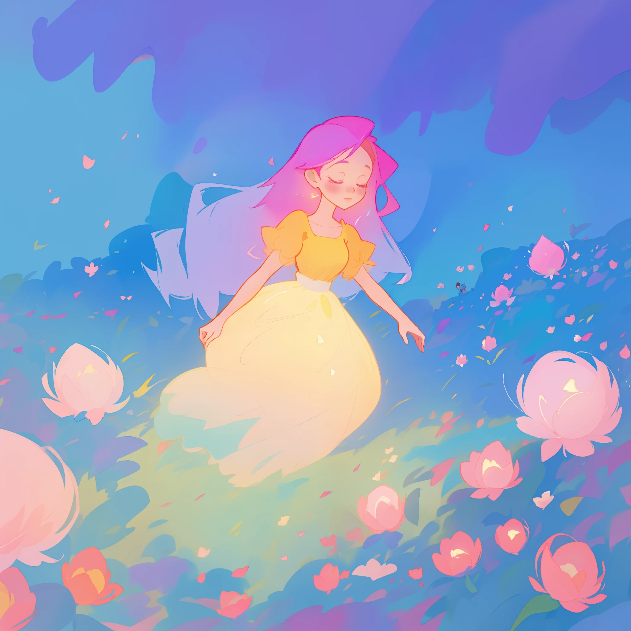 beautiful girl in puffy glowing ballgown, a field with round puffball pink flowers, otherworldly flowers, whimsical landscape, long pink flowing hair, watercolor illustration, inspired by Glen Keane, inspired by Lois van Baarle, disney art style, by Lois van Baarle, by Glen Keane, jen bartel, digital painting, beautiful digital illustration, fantasia otherworldly landscape plants flowers, beautiful, masterpiece, best quality, anime disney style