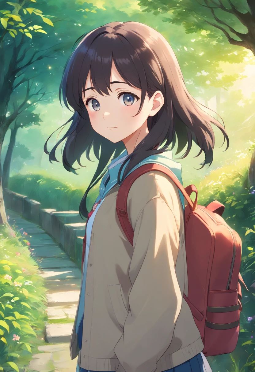 (best quality,4k,8k,highres,masterpiece:1.2),ultra-detailed,realistic,beautiful anime-style portrait,smooth anime CG art style,detailed digital anime artwork,moe anime art style,portrait of a cute anime girl,digital rendering,art game style,beautiful backpacks and bags,digital anime art by Makoto Shinkai,anime-style artwork by Makoto Shinkai,anime artist Makoto Shinkai's style,vivid colors,studio lighting,soft lighting,artistic backpacks and bags,smooth animation,artistic digital rendering,anime-style landscape,anime concept art,large eyes,delicate features,shiny hair,anime-style clothing,digital painting,anime-style shading,subtle colors,background with depth,expressive eyes,peaceful atmosphere,anime girl in a beautiful landscape,innocent expression,anime girl holding a backpack,subtle textures,anime girl with flowing hair,detailed anime face,long eyelashe, anime girl with a smile,slightly turned head,soft colors,anime-style lighting,bokeh effect,imaginative concept art,anime-style character,anime artist's perspective,calm and tranquil scenery,black hair.