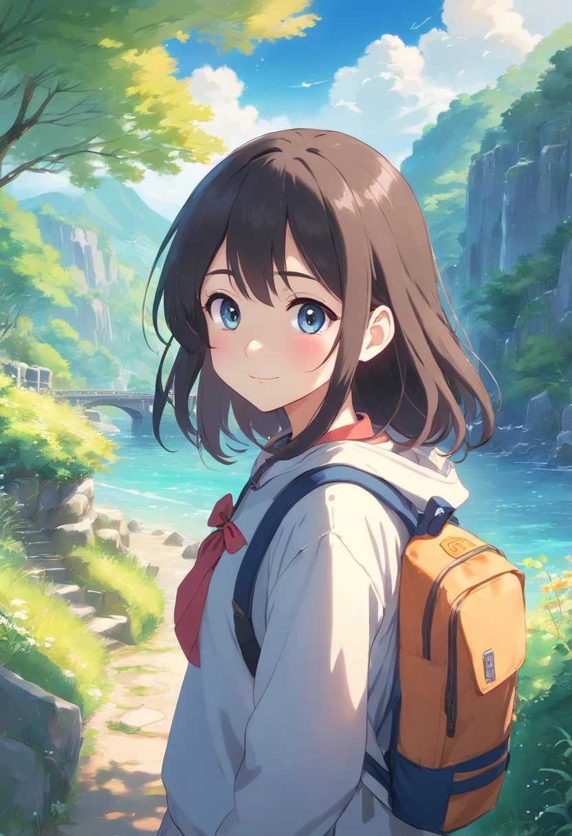 (best quality,4k,8k,highres,masterpiece:1.2),ultra-detailed,realistic,beautiful anime-style portrait,smooth anime CG art style,detailed digital anime artwork,moe anime art style,portrait of a cute anime girl,digital rendering,art game style,beautiful backpacks and bags,digital anime art by Makoto Shinkai,anime-style artwork by Makoto Shinkai,anime artist Makoto Shinkai's style,vivid colors,studio lighting,soft lighting,artistic backpacks and bags,smooth animation,artistic digital rendering,anime-style landscape,anime concept art,large eyes,delicate features,shiny hair,anime-style clothing,digital painting,anime-style shading,subtle colors,background with depth,expressive eyes,peaceful atmosphere,anime girl in a beautiful landscape,innocent expression,anime girl holding a backpack,subtle textures,anime girl with flowing hair,detailed anime face,long eyelashe, anime girl with a smile,slightly turned head,soft colors,anime-style lighting,bokeh effect,imaginative concept art,anime-style character,anime artist's perspective,calm and tranquil scenery,black hair.