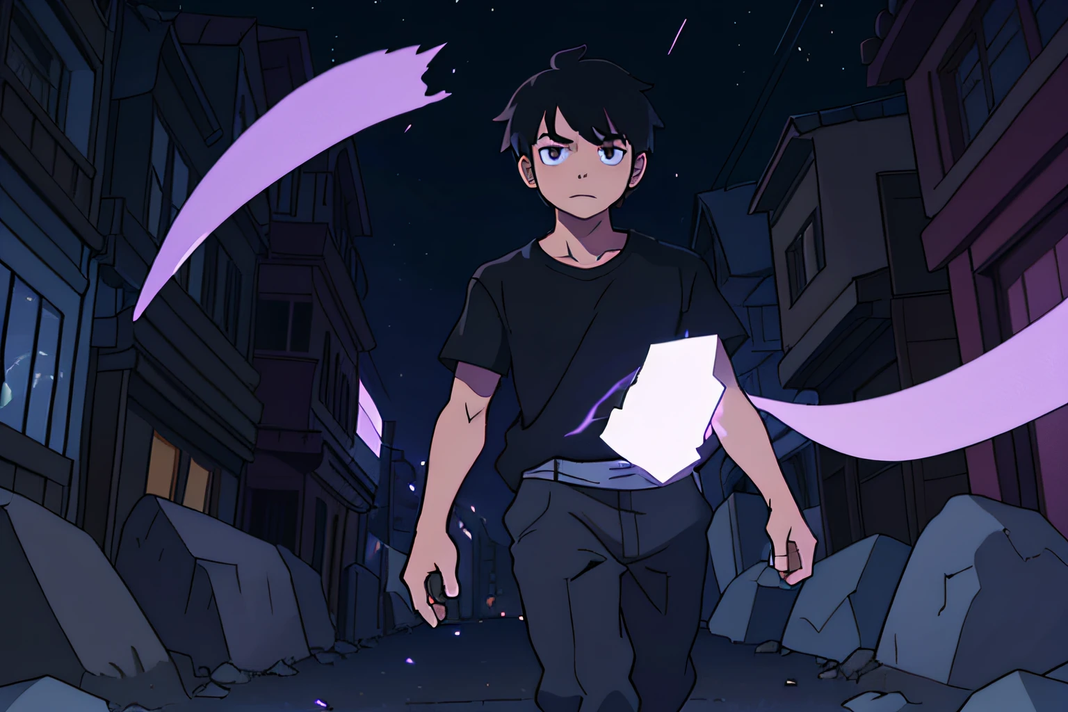 A boy, walking through the streets of a city, with long, straight, black hair, dressed in a black shirt, wearing a white cap, surrounded by a purple aura, with small pieces of rocks rotating around him, portrayed in a highly realistic way , The scene has professional lighting at night