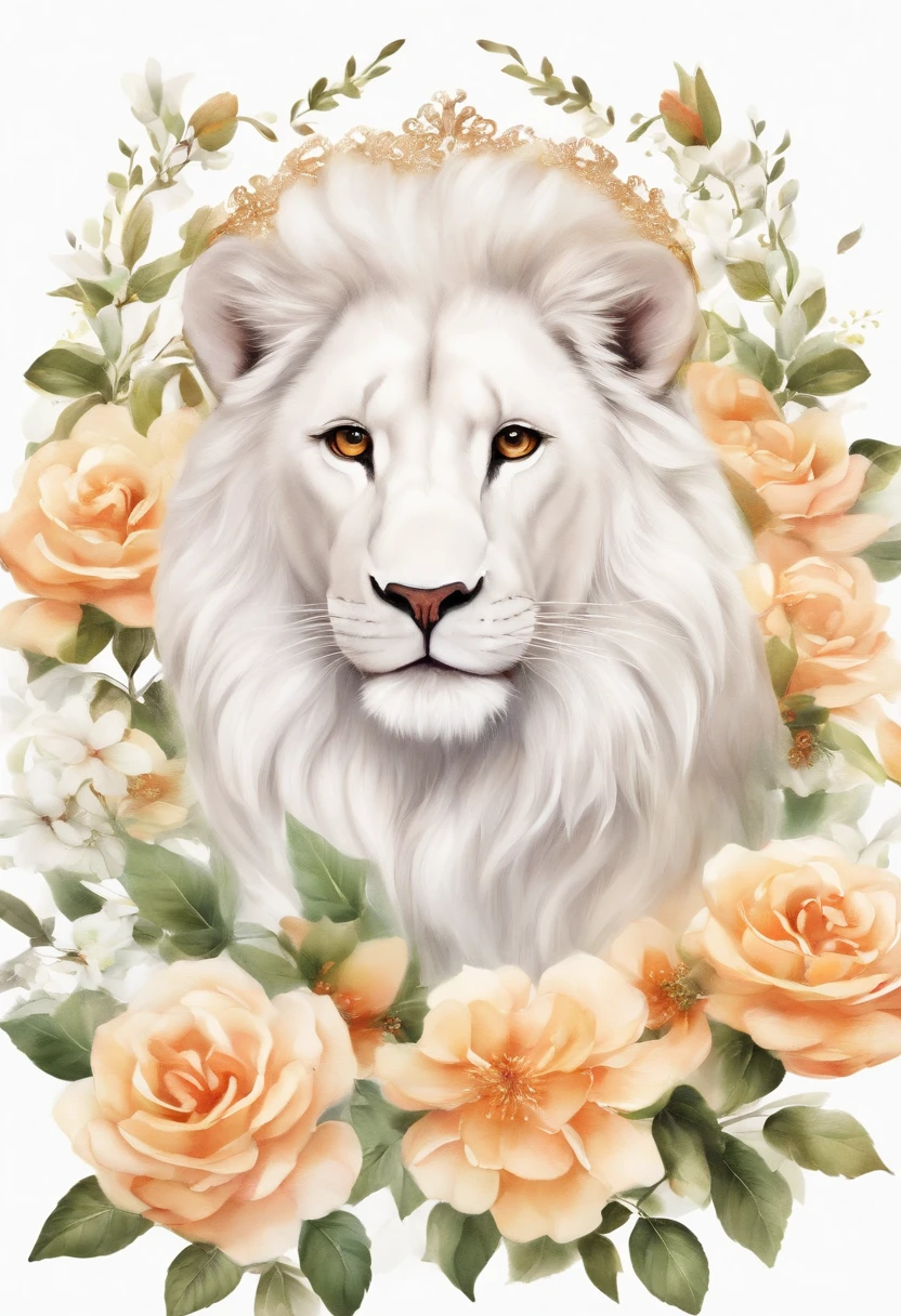 ((white background)), ((clipart )), ((sticker)), (((lion ear)), watercolor beautiful wild rose fantasy art, perfect eyes with beautiful face and flowers, angel wings, chibi cute animation style, vivid vivid colors, intricate details, hyper detail, hyper quality, 32K, Unreal Engine, isolated on white background, cute, twinkle