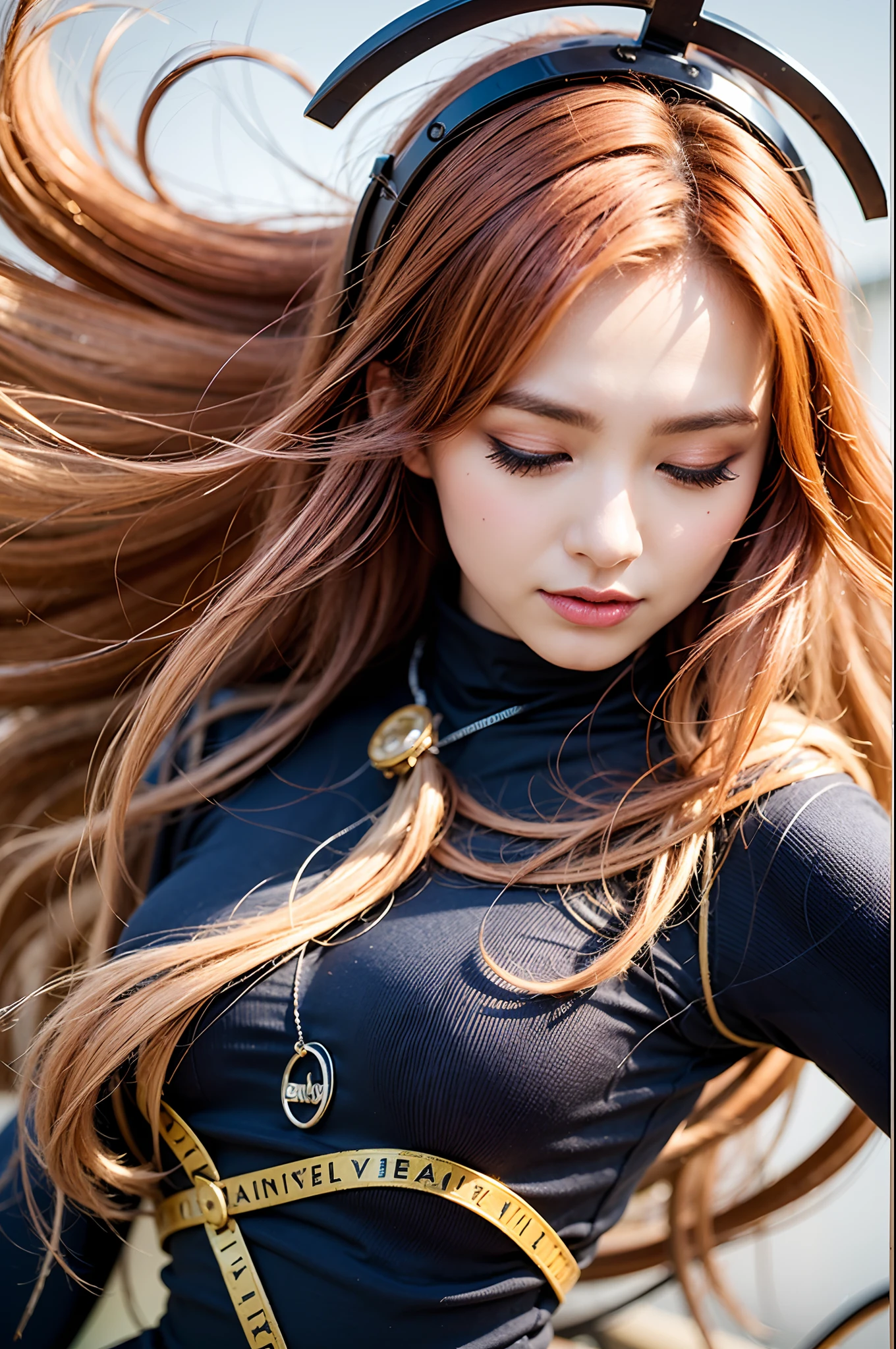 (Masterpiece), Best Quality, Ultra-detailed, Illustration, warm lightings, bright colors, 1Girl, Solo, Very long hair, Grey Hair, Orange hair, Orange Inner Hair, Red Eyes, colored inner hair, two-tone hair, ahoge, absurdly long hair, Orange inner hair, multicoloured hair, halo, , , Body Suit, Flowing Hair, wind, one eye closed, staff, one-piece, armature, headgear, Floating,, ,