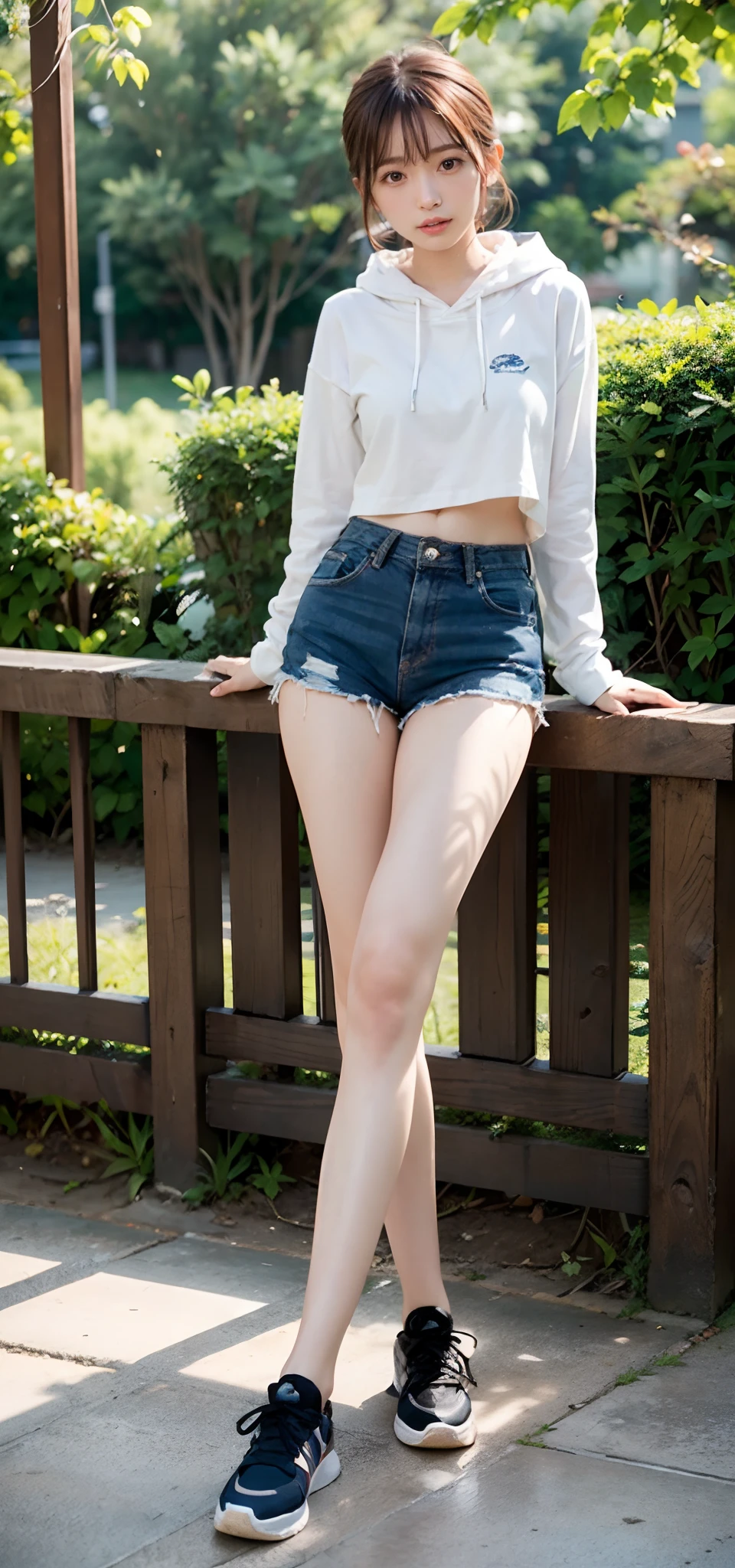 Female college student、Thin legs、ponytail、ribbon、skinny、slim、((Denim mini skirt))sitting on a park bench、Knees forward、(White lace panties)(Unbutton your shirt、Lift up your lace bra、Nipples)Wearing cute sneakers、The whole body seen from the front、Flash photography