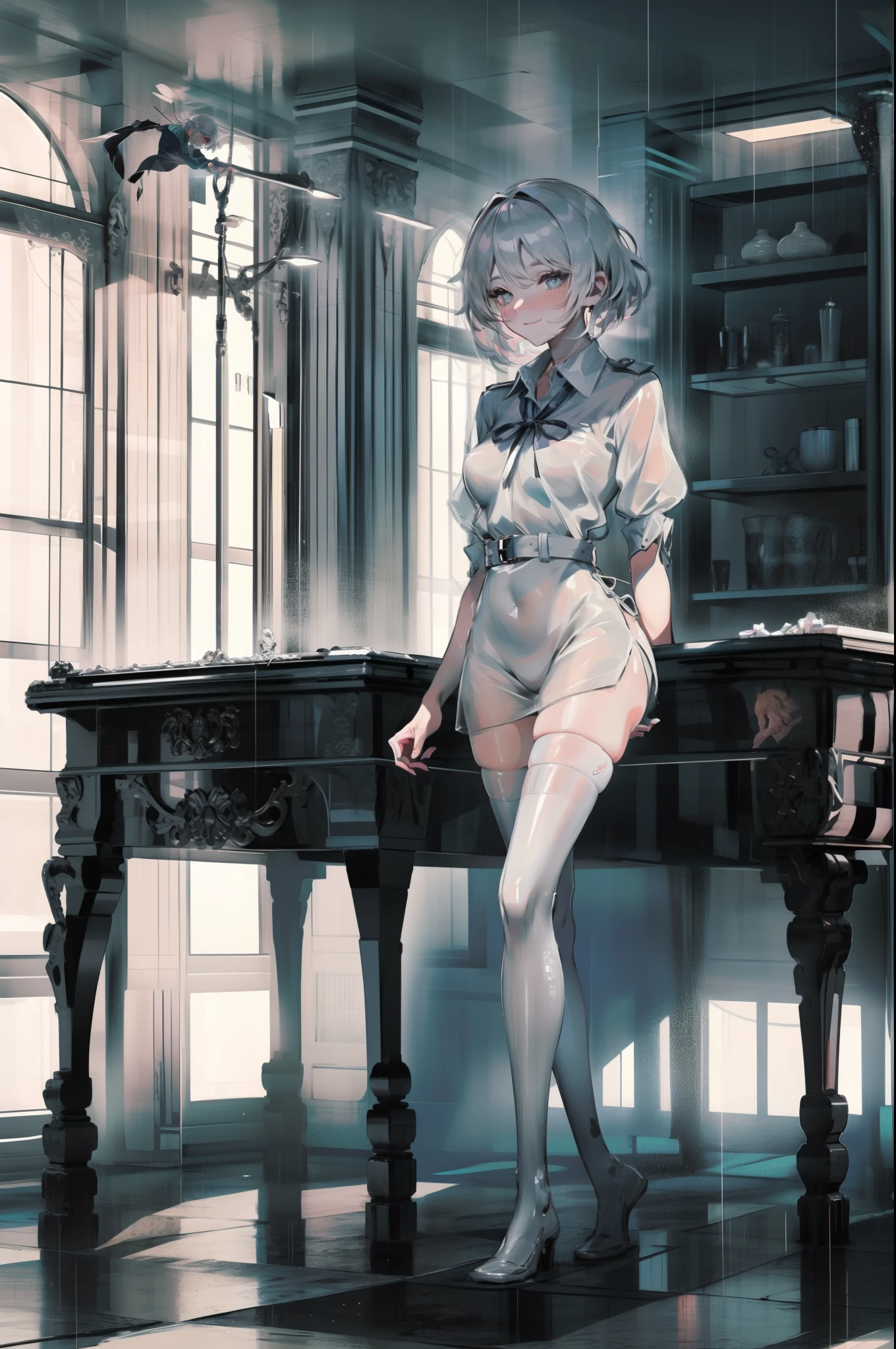 (8k, Best Quality, 巨作: 1.2), (Realistic, Realistic Photos: 1.37), A highly detailed, 1girll, cute, soio, beautiful detailed sky, detailed cafe, night, sitting, history, ( nose blush), (smile: 1.15), (Mouth closure) small breasts, beautiful details, (collared shirt: 1.1), night, moist, work clothes, Rain, white lace, (short hair hair: 1.2), floating hair NovaFrogStyle,