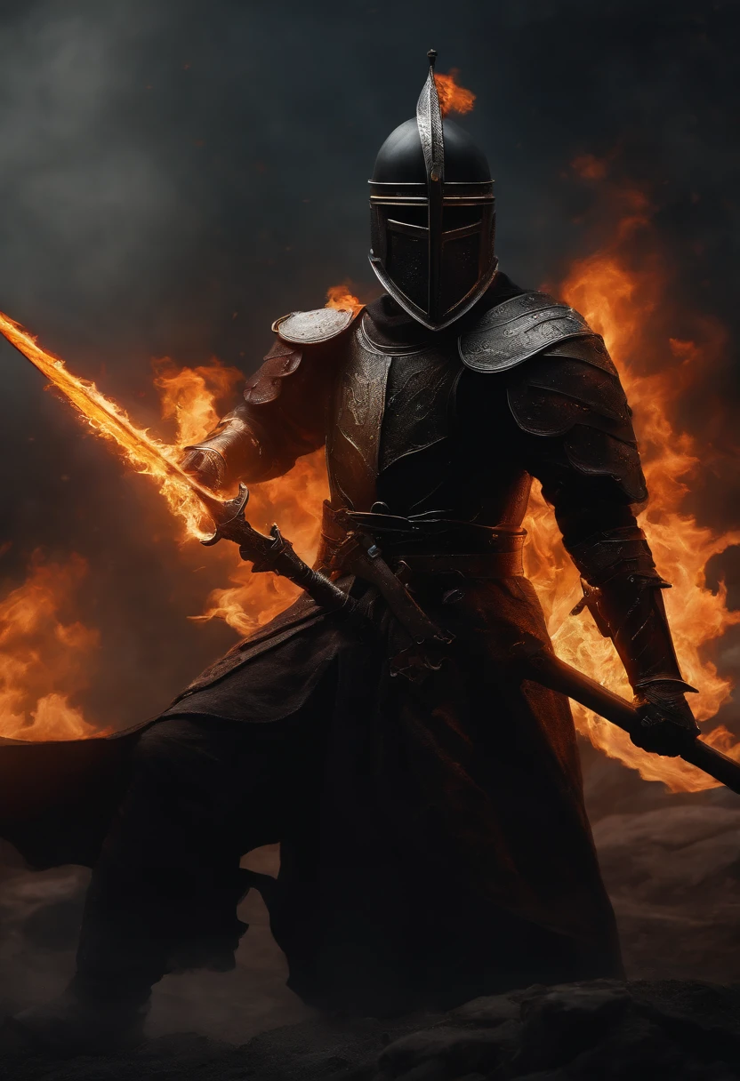 Black Knight wielding flaming sword, in abstract Expressionism style, art by Greg Rutkowski, Impressionism, Oil Painting, Van Gogh style, Hyperrealism, High quality, Highly detailed, Ultra detailed, Realistic lighting, 8k, Intricate, Sharp Focus, Concept Art, Artstation