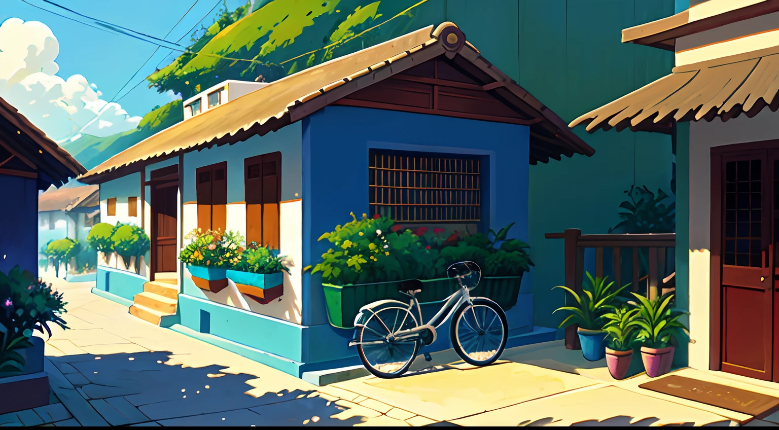 (bicicleta: 1.5), (bicicleta realista: 1.5), (ciclista realista: 1.5), ciclista de costas, Filipinas, Colinas de Chocolate, Ilha Bohol, sol, Sombras, Contraste, Makoto Shinkai (best quality: 1.3), (Altas:1) Arte por Studio Ghibli Style, impressionismo, cores vibrantes