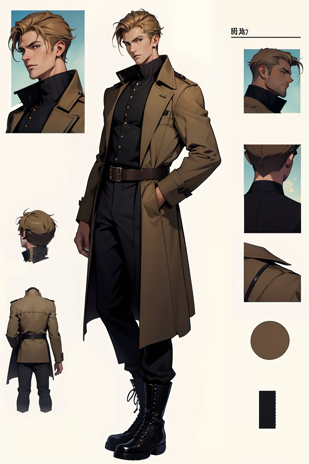 reference sheet:1.8,super details,high quality,master piece,A tall boy,Handsome face,Manteau,long trousers,Martin boots