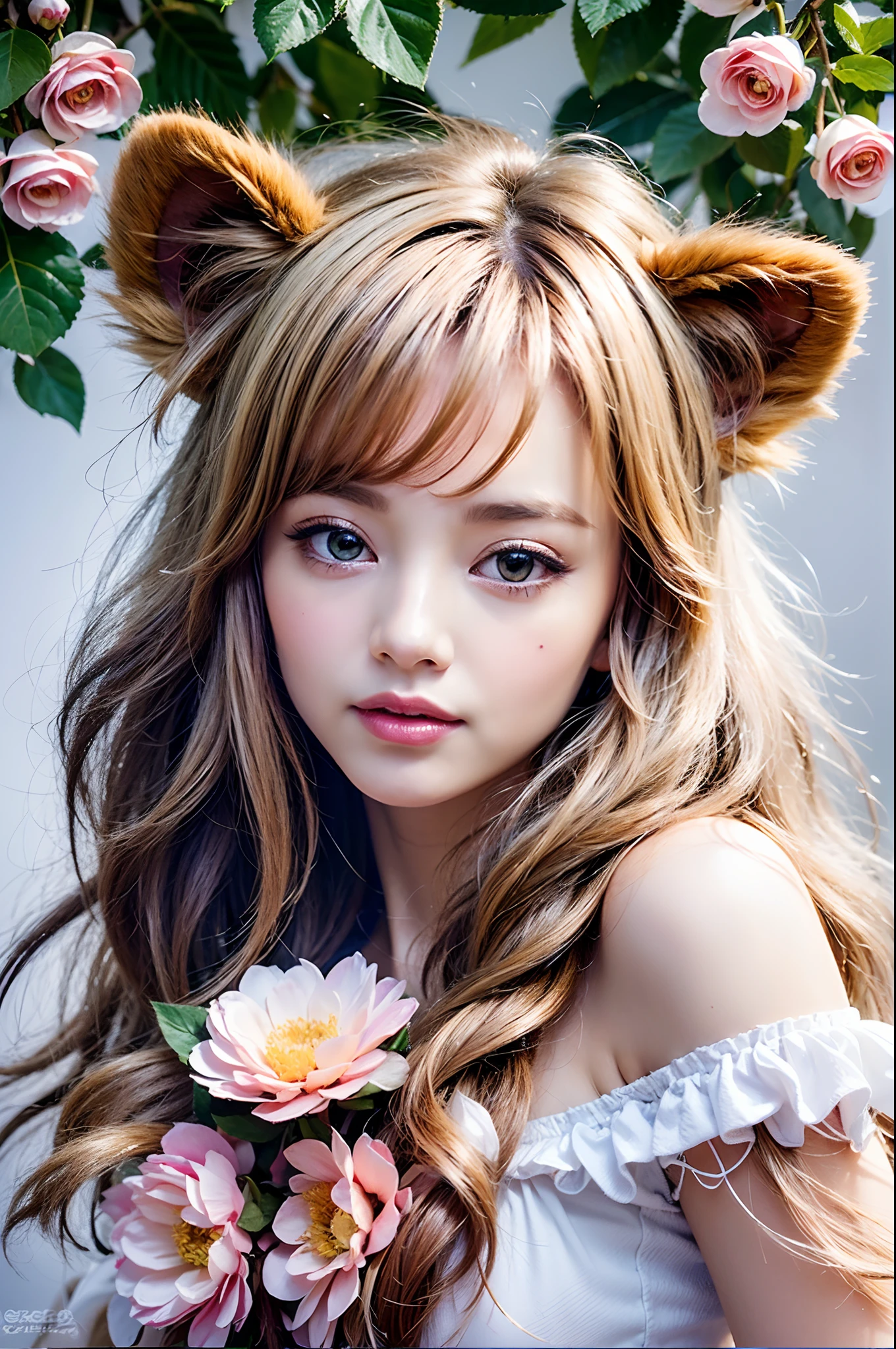 ((White background)), ((Clipart )), ((sticker)), (((Lion ears)), Watercolor beautiful wild rose fantasy art, Perfect eyes with beautiful face and flowers, angel wings, Little cute anime style, Vivid and vivid colors, intriciate detail, Hyper Detail, hyper quality, 32 k, unreal-engine, Isolated on a white background, Cute, sparkle