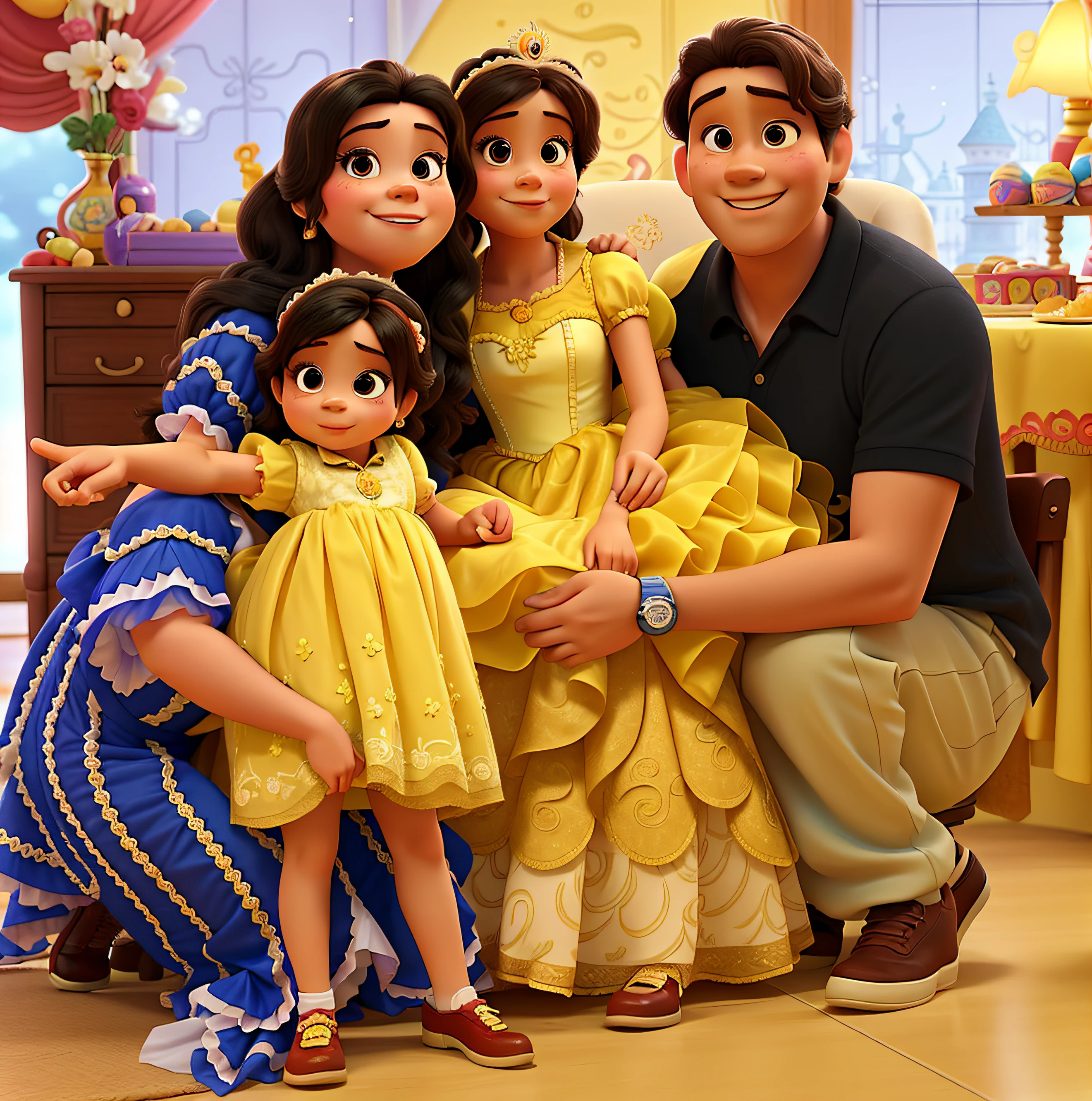 Estilo disney pixar: um pai, a mother, A 1-year-old girl and another 4-year-old girl dressed as Princess Belle on a princess-themed birthday