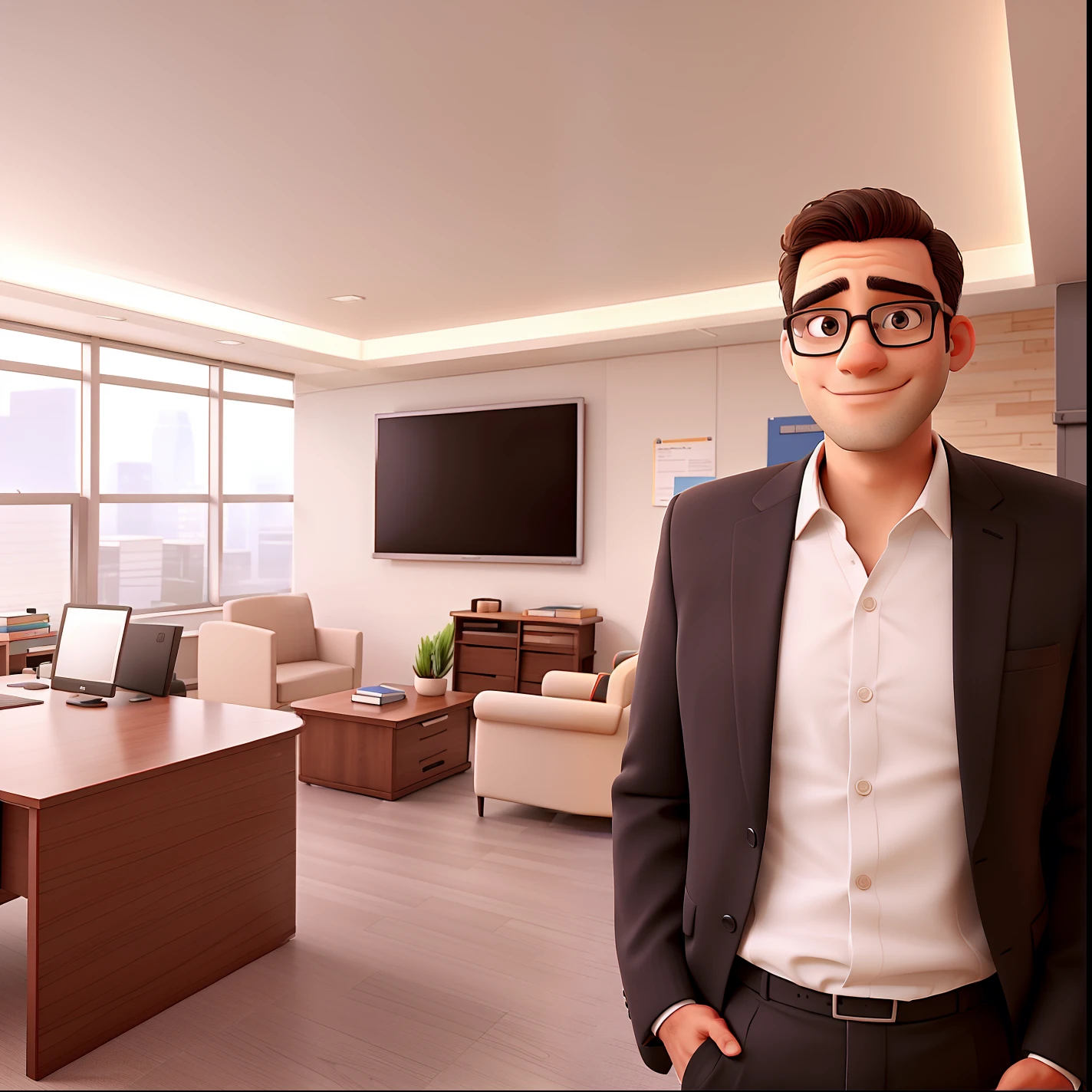 a man in glasses and suit, in the background an office