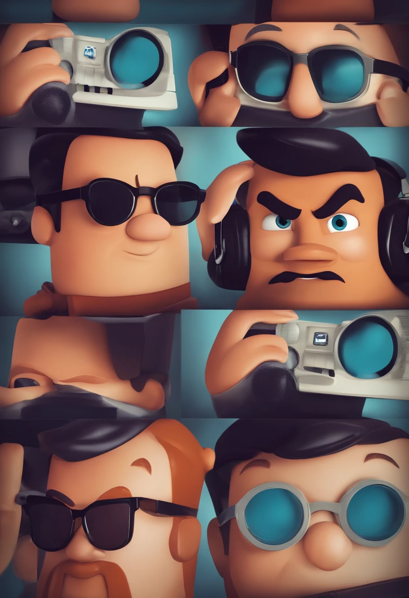 um homem, em breve, barba curta, olhos castanhos, com fones de ouvido, A music studio in the background, Imagem no estilo Pixar, Estilo de filme animado 3D, Disney, camiseta preta