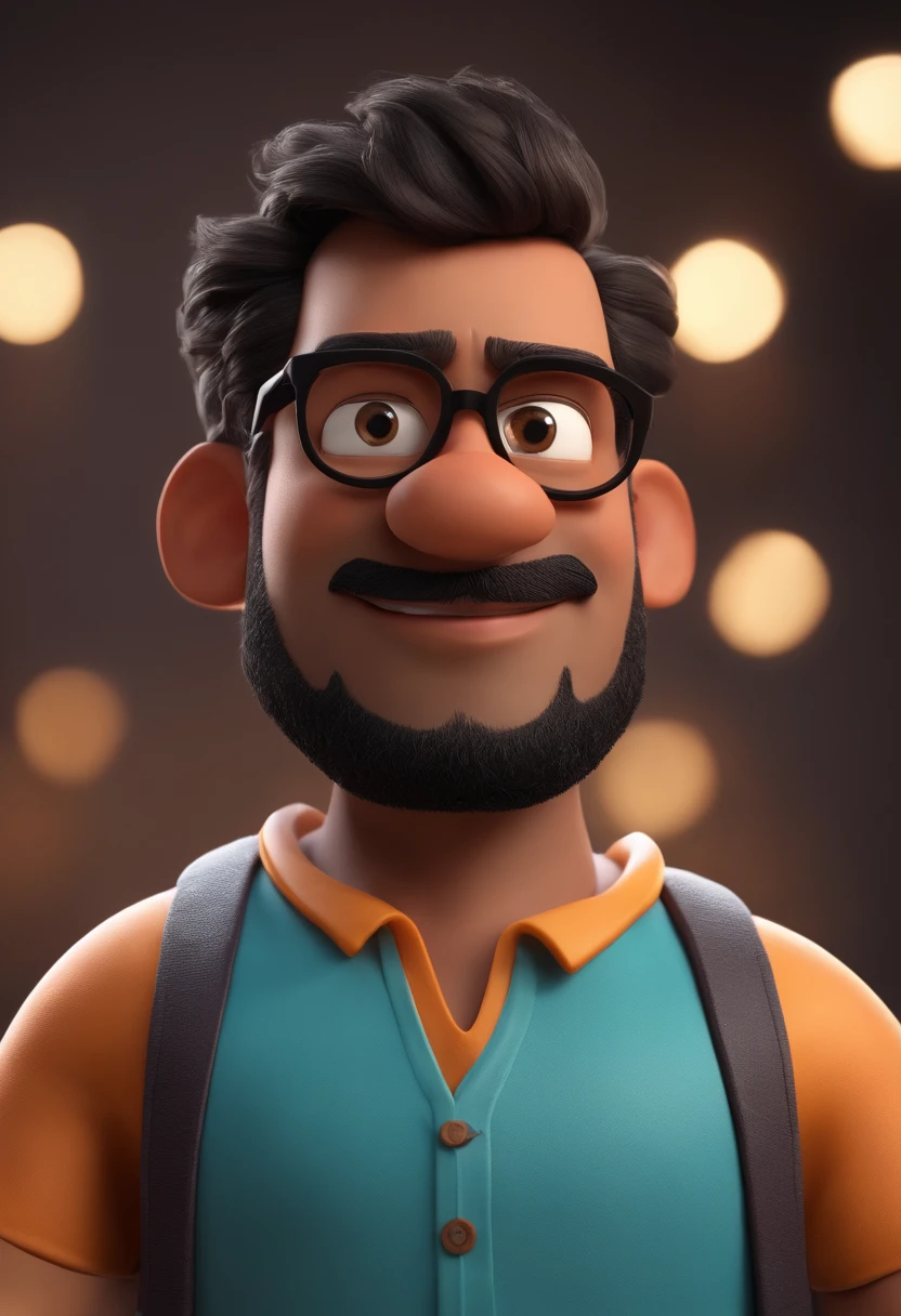 Cartoon character of a man with black round glasses, com barba preta,e uma camiseta preta, animation character, Caractere estilizado, animation style rendering, 3D estilizado, Arnold Maya render, 3 d render stylized, toon render keyshot, Personagem 3D, Personagem 3D, 3d rendering stylized, 3 d character render, personagem de desenho animado, Personagem de close up, Pose de personagem,  (Estilo Pixar) (master part:1.2) (Bokeh) (best quality) (pele detalhada) (textura detalhada) (8k) (argila) (Cinematic lighting) (foco nítido