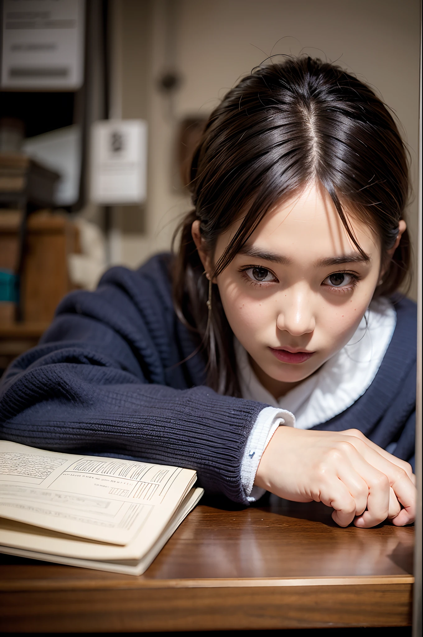 Portrait of a girl in a tailor shop, Detailed complexity, Crack Face,