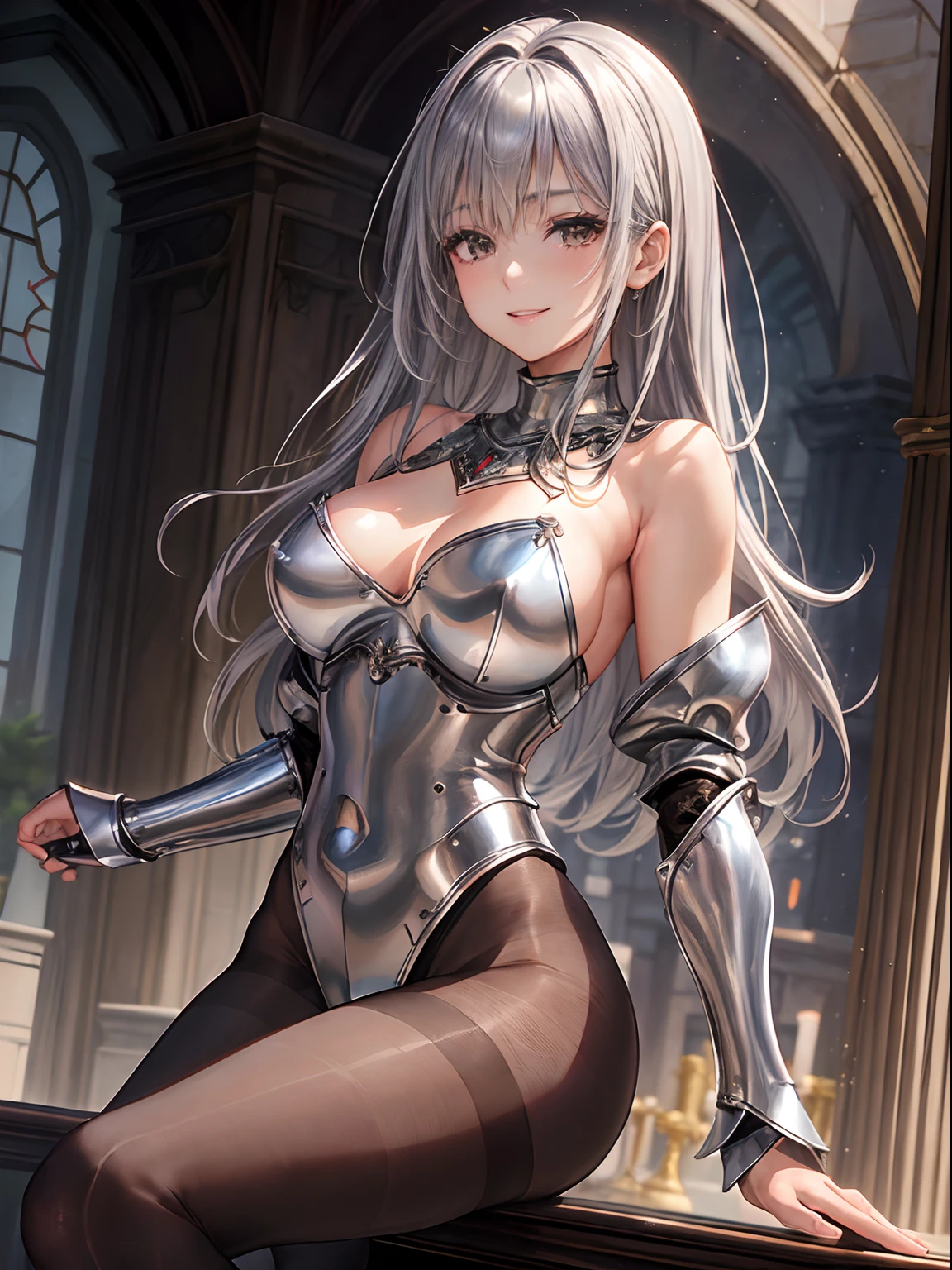 top-quality、Full limbs、complete fingers、((one beautiful women))、Beautiful Large Breasts、Medium Hair、straight haired、Silvery hair、((Women in black long sleeve high neck leotard))、((Brown pantyhose:1.2))、A big smile、Woman knight、((Silver Shoulder Rest、Silver breastplate、Silver Gauntlet))、in a castle