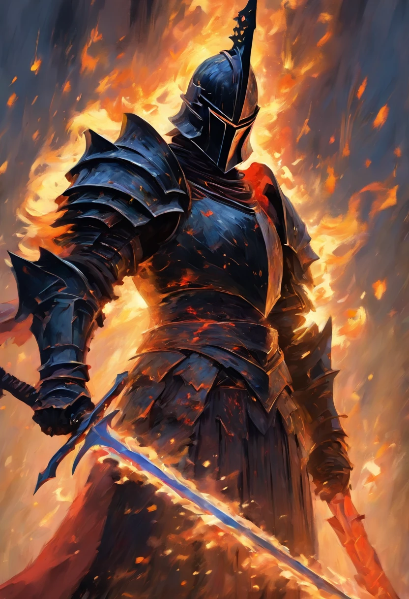 Black Knight wielding flaming sword, in abstract Expressionism style, art by Greg Rutkowski, Impressionism, Oil Painting, Van Gogh style, Hyperrealism, High quality, Highly detailed, Ultra detailed, Realistic lighting, 8k, Intricate, Sharp Focus, Concept Art, Artstation