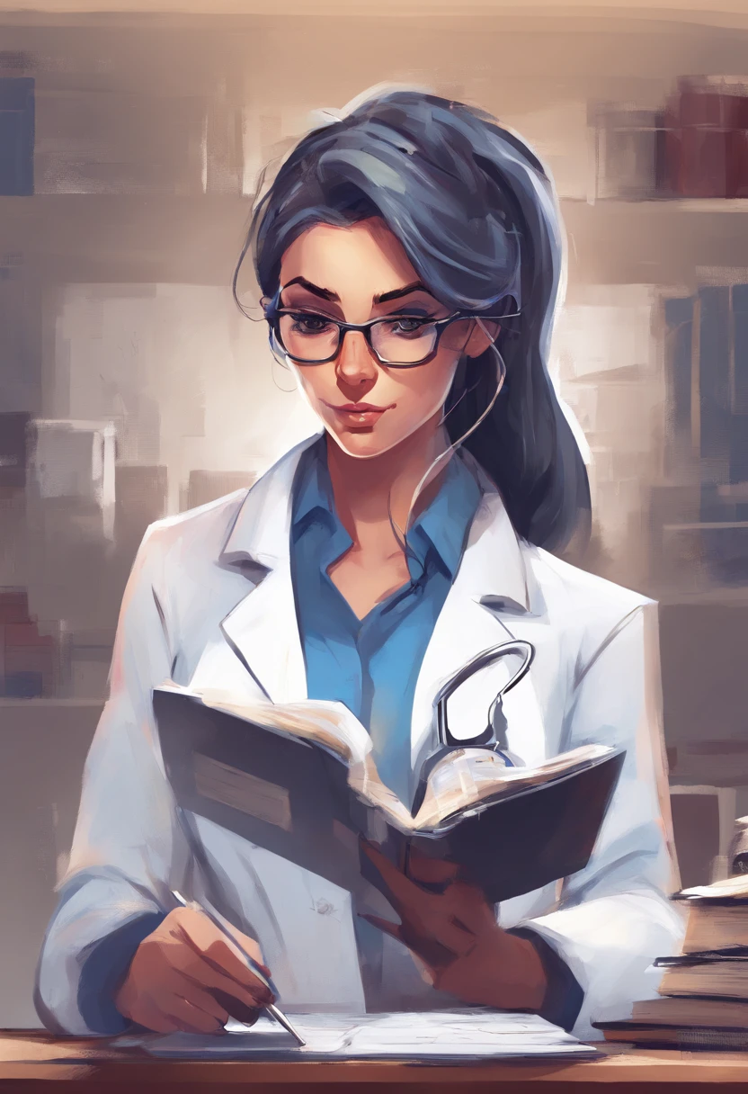 1 mulher, , medic, cabelos loiros muito claros, cabelo de rabo de cavalo para baixo, square glasses, Olhar manhoso, franzir , White lab coat, camisa azul, blue gloves reading clipboard